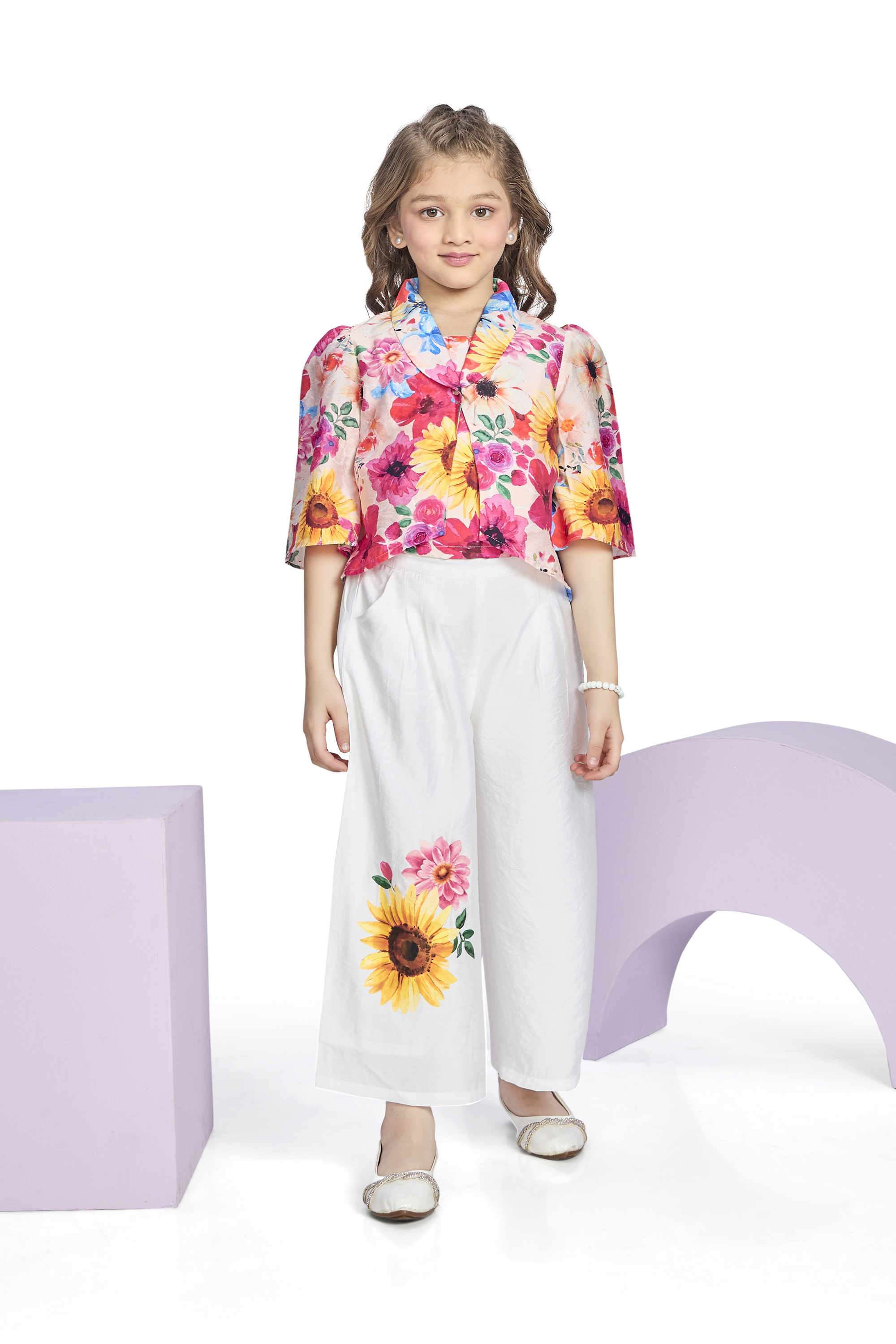 Floral-Polyester-Ankle-Length-Girls-Pant-With-Top-&-Shrug