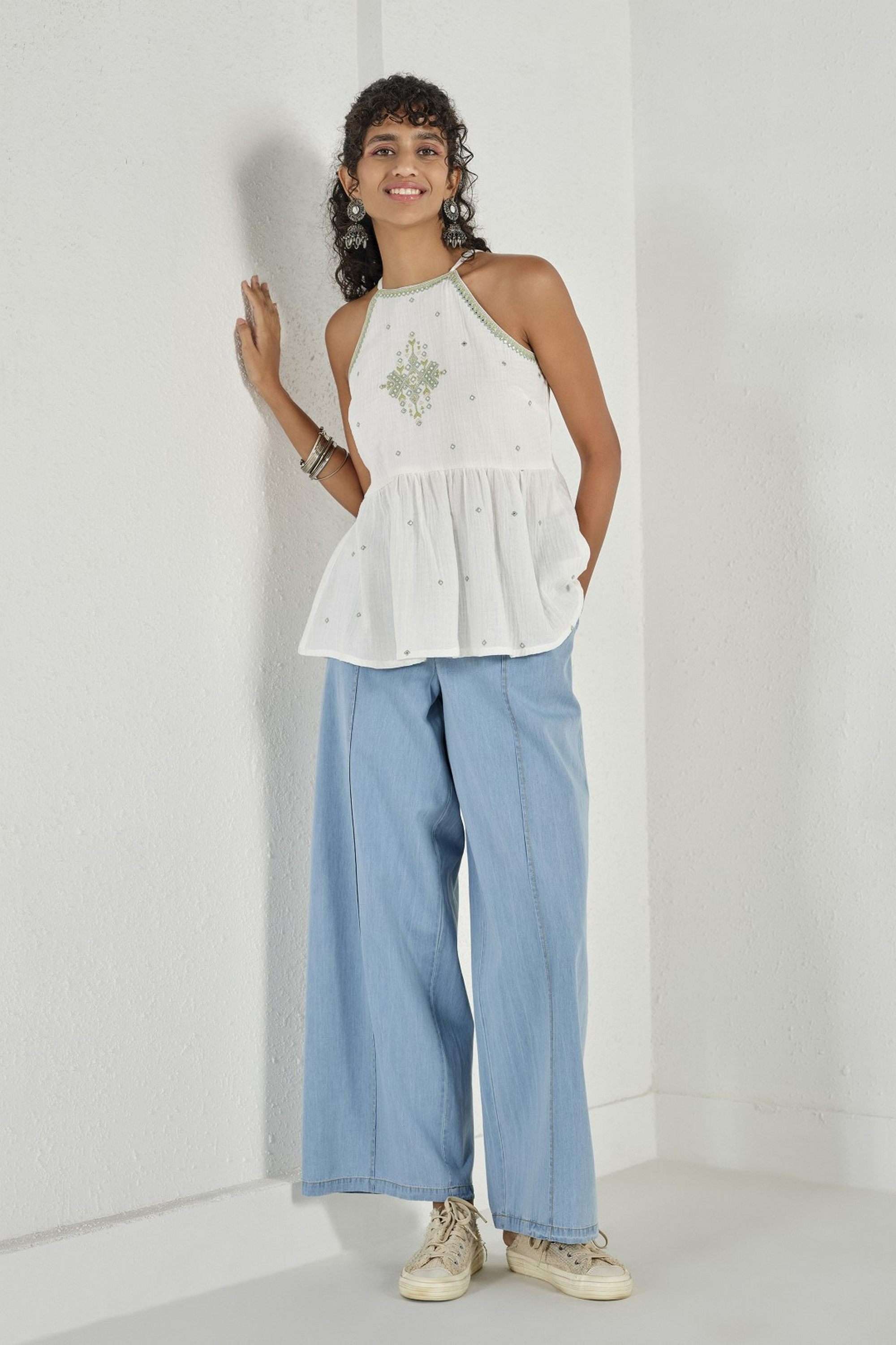 Embroidered-Blended-Fabric-High-Neck-Women-s-Top