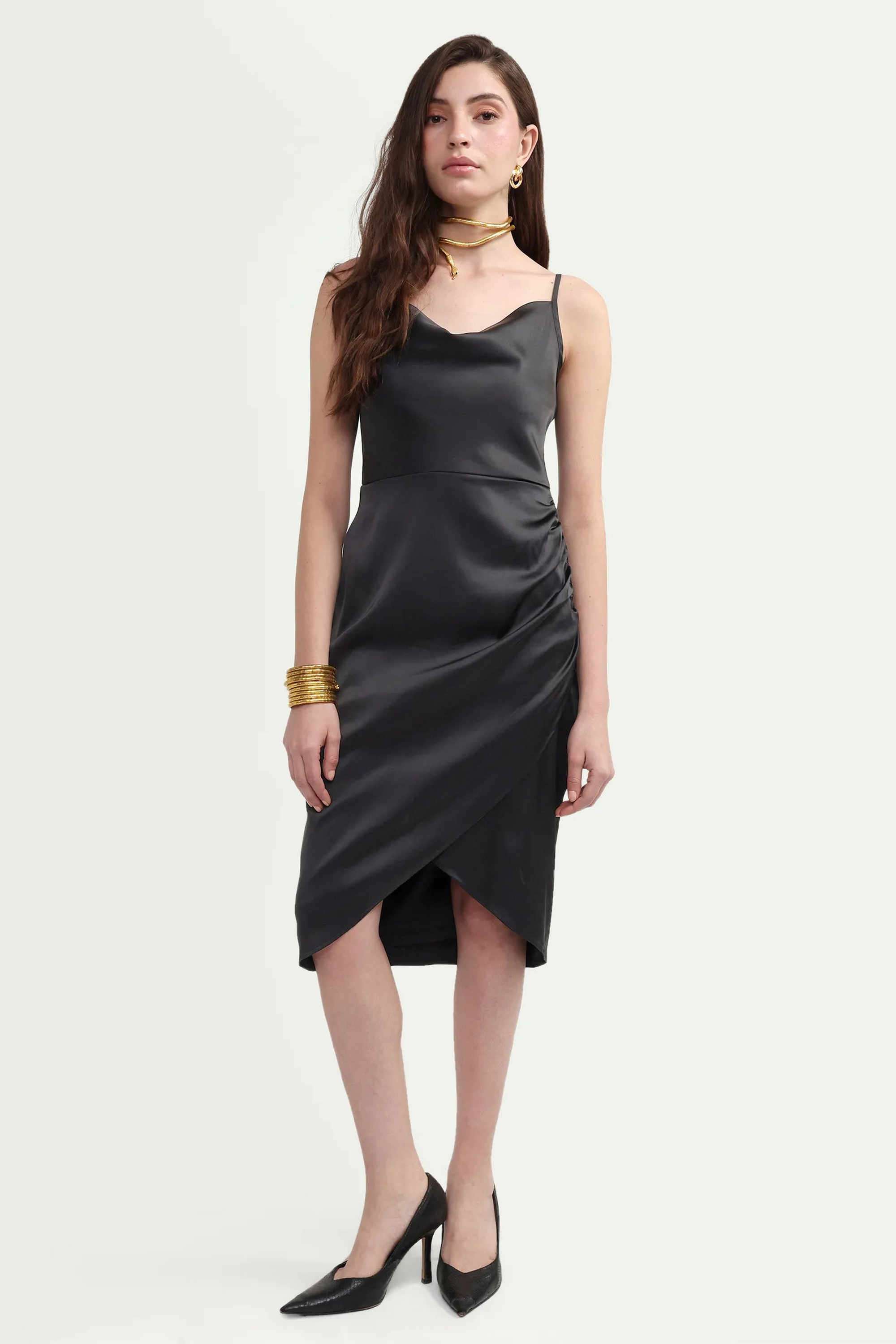 rareism Solid Cowl Neck Polyester Women's Dress-picture-10