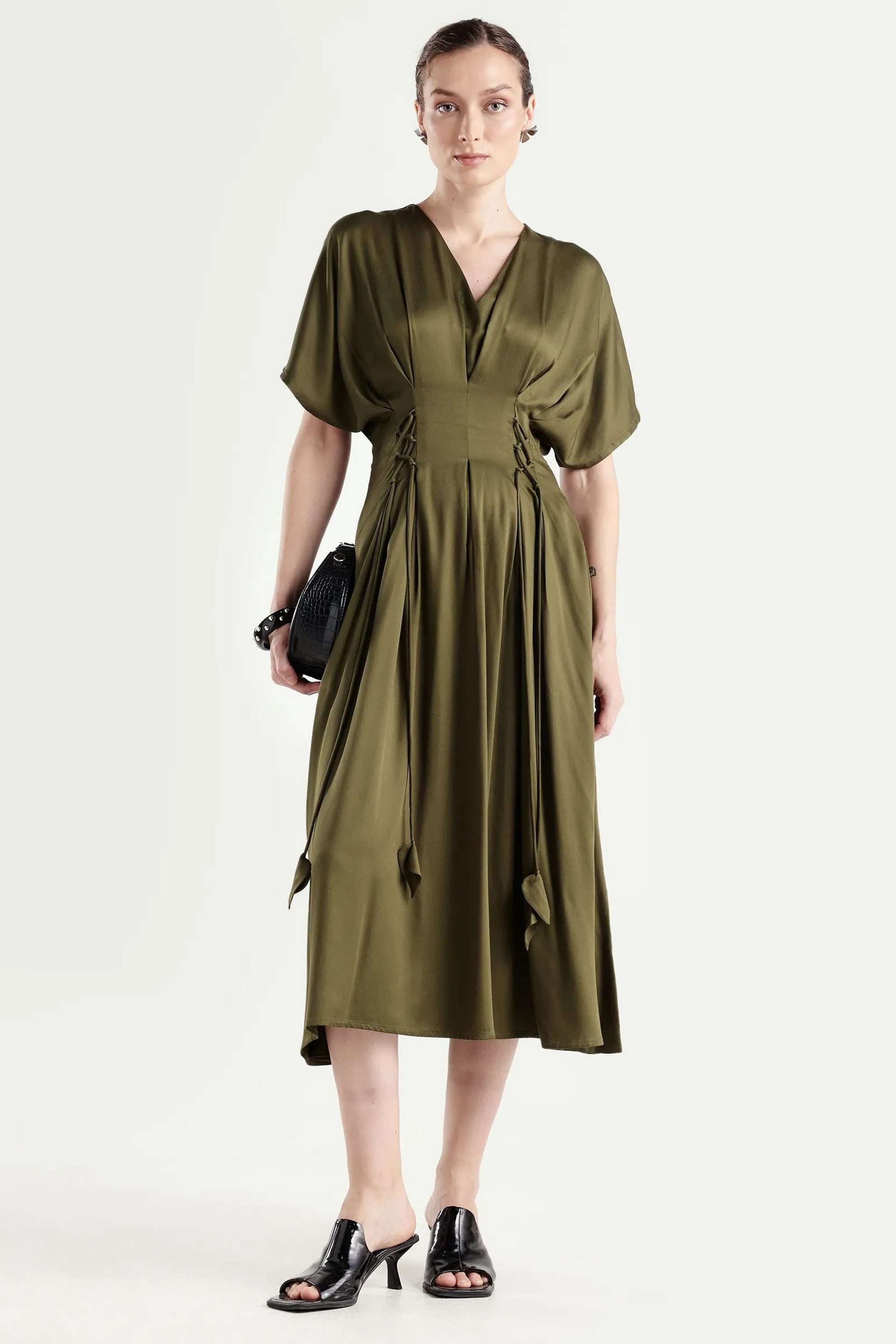 Solid-V-Neck-Viscose-Women-Dress