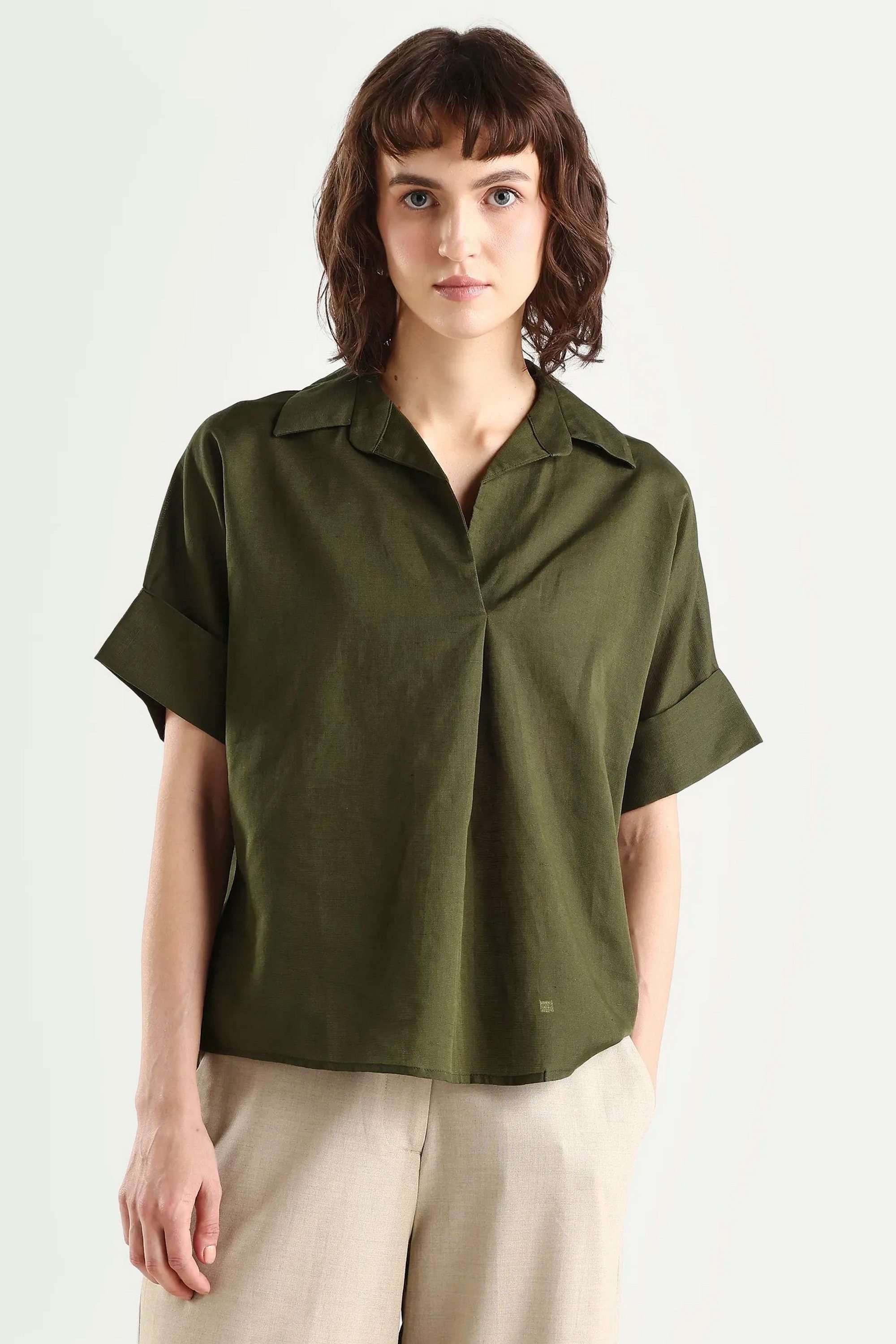Solid-Linen-Blend-Collared-Women-s-Top