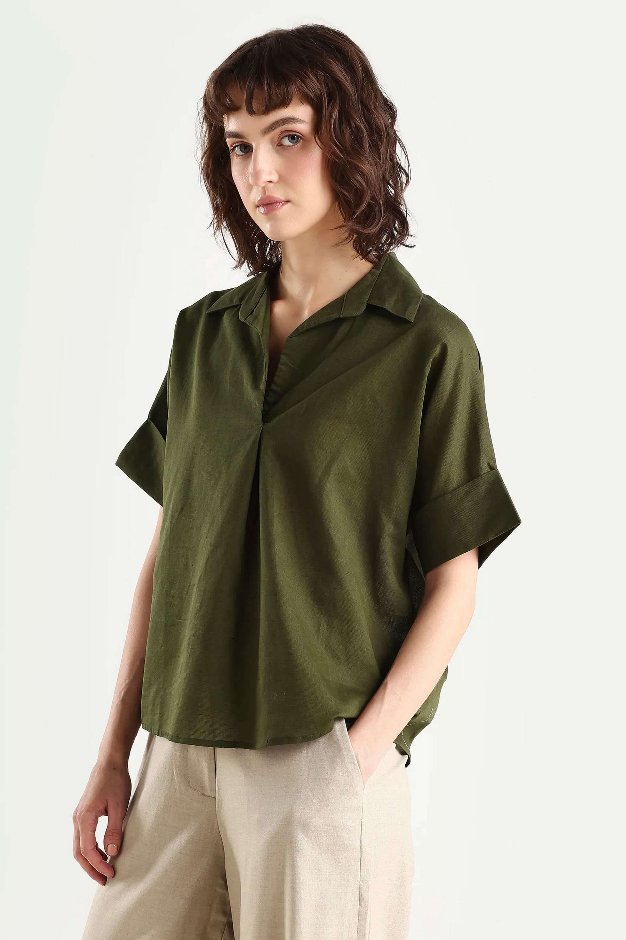 Solid-Linen-Blend-Collared-Women-s-Top