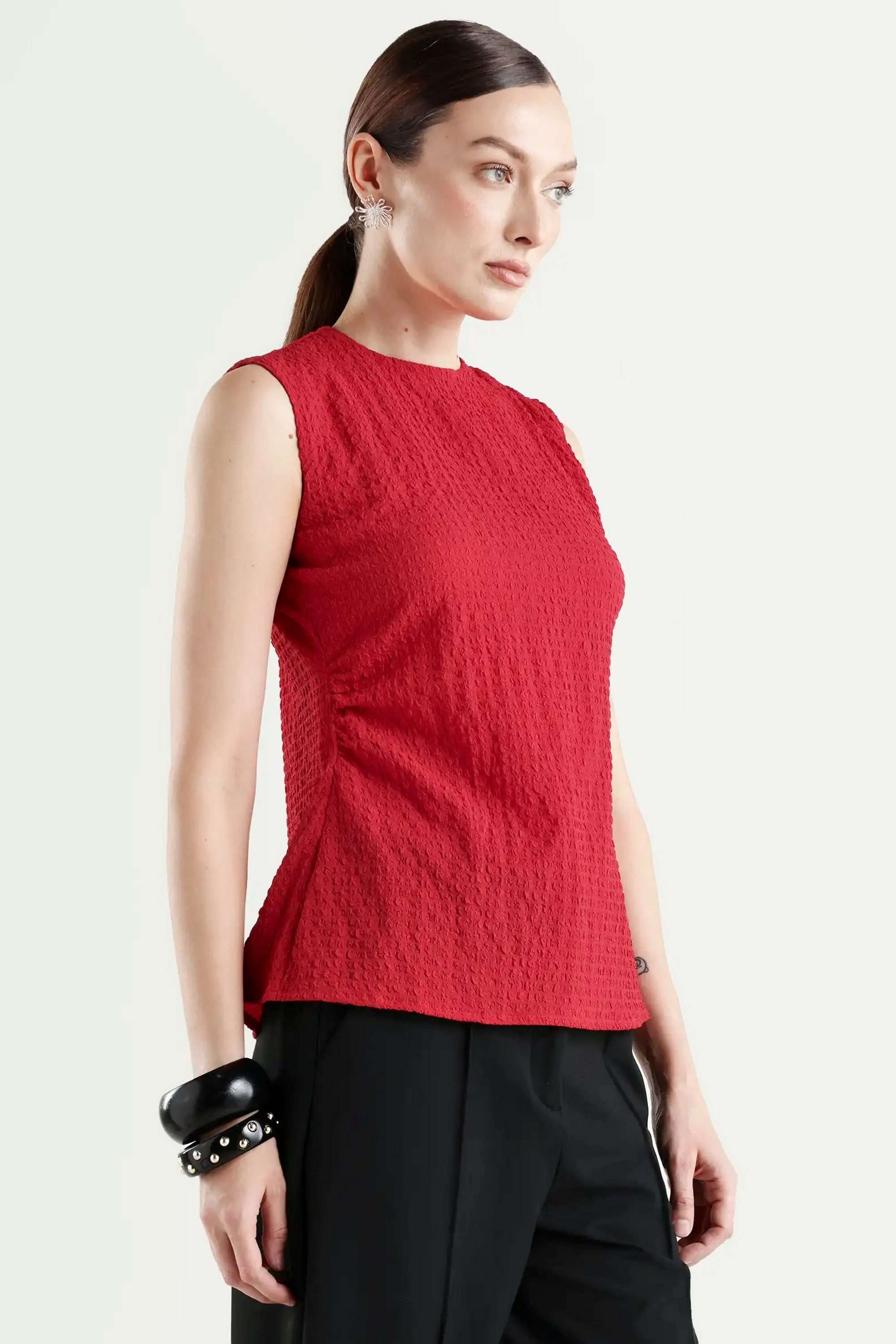 Solid-Polyester-Round-Neck-Women-s-Top