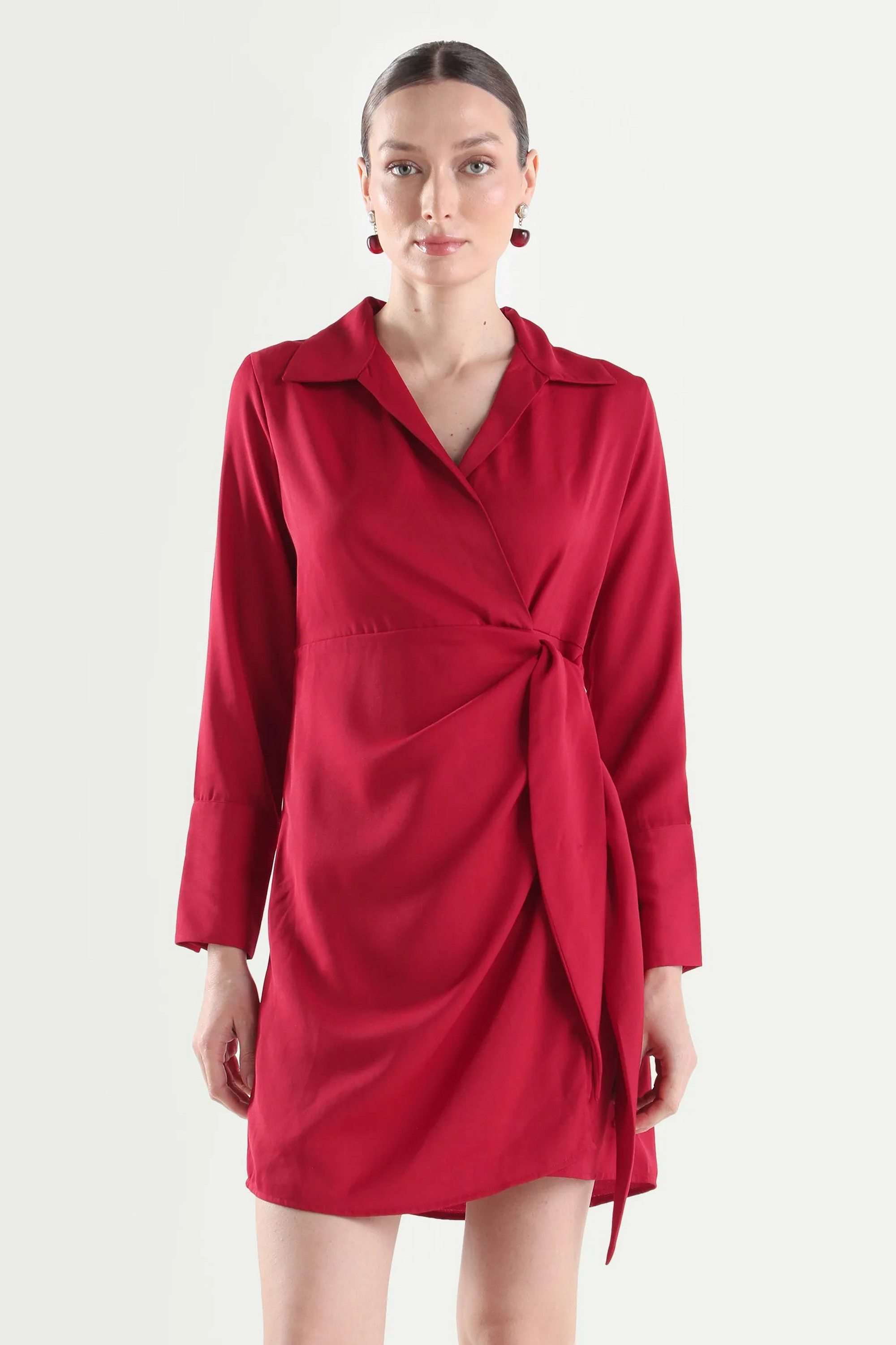 Solid-Collared-Polyester-Women-Dress