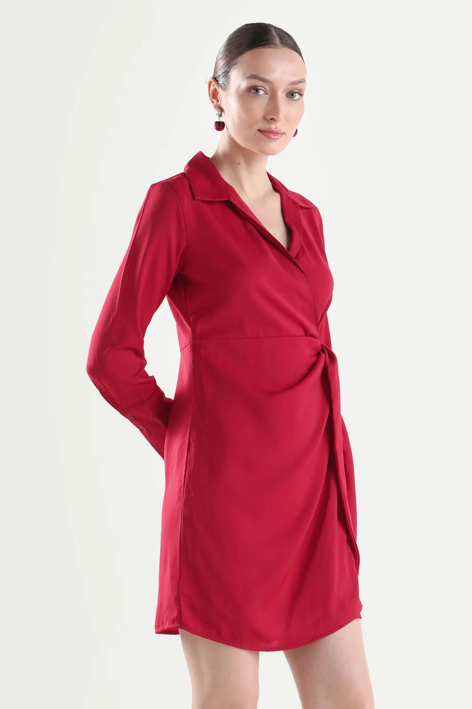 Solid-Collared-Polyester-Women-Dress