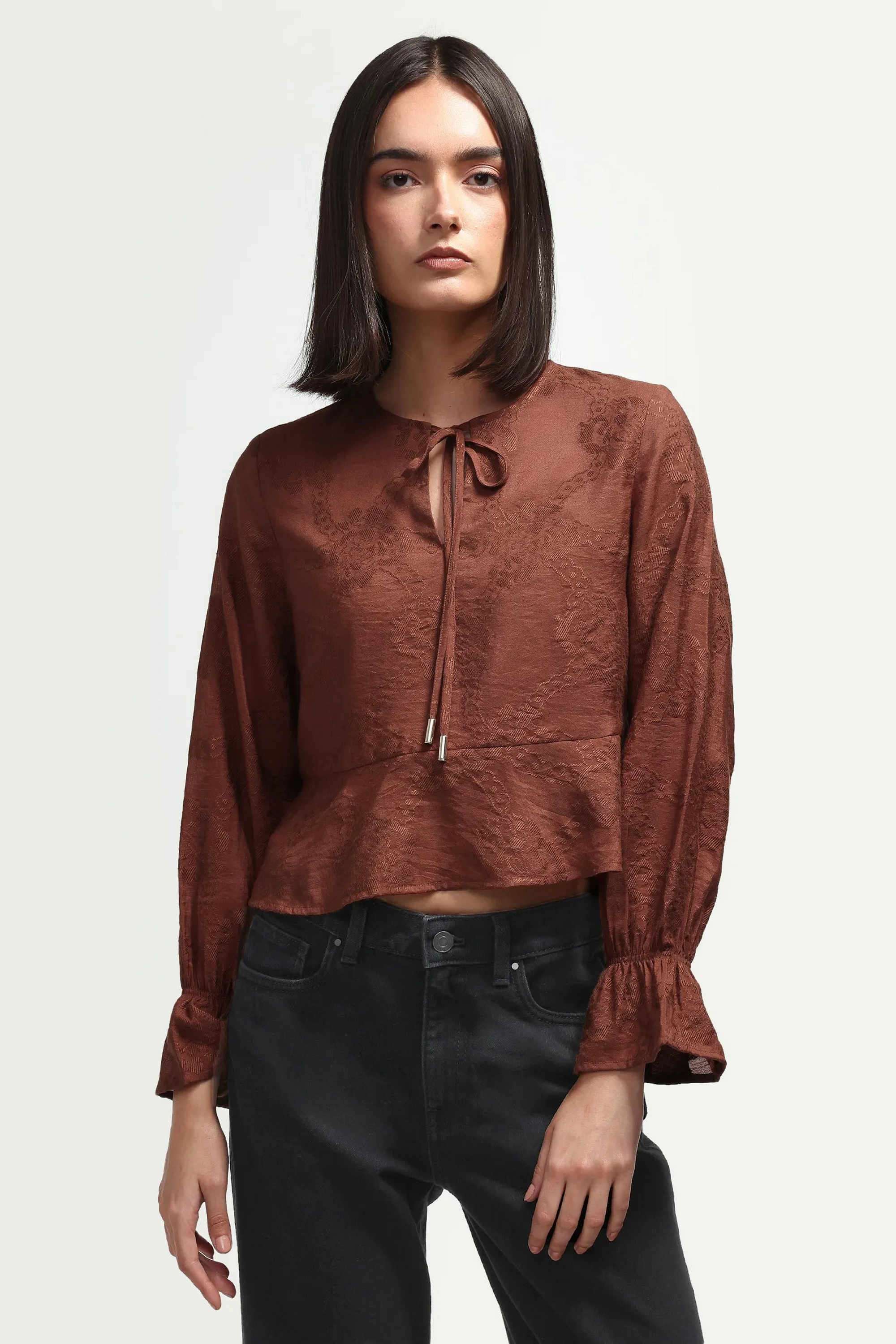 Solid Woven Tie Up Neck Women's Top-image-22
