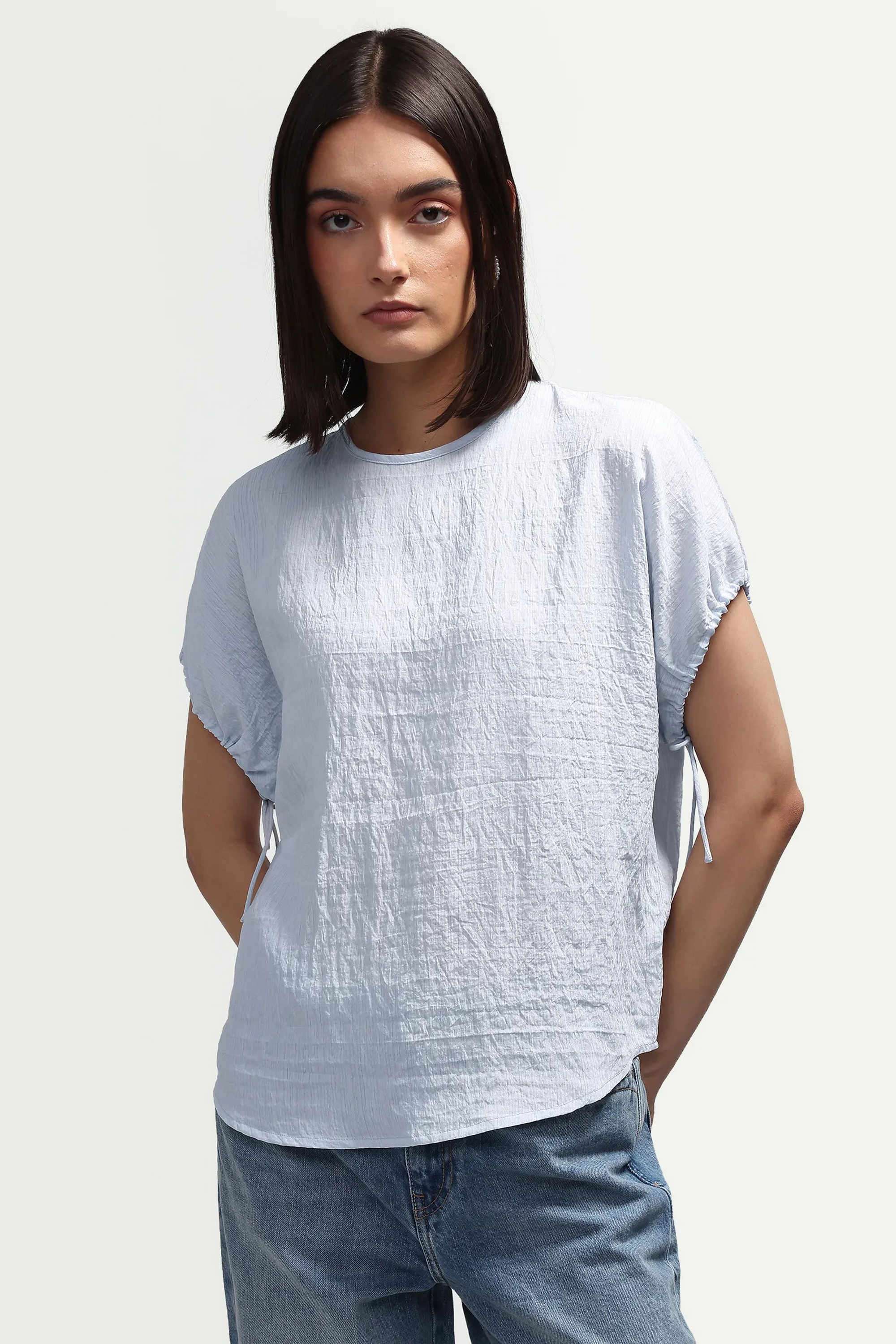 Solid Woven Round Neck Women's Top-image-7