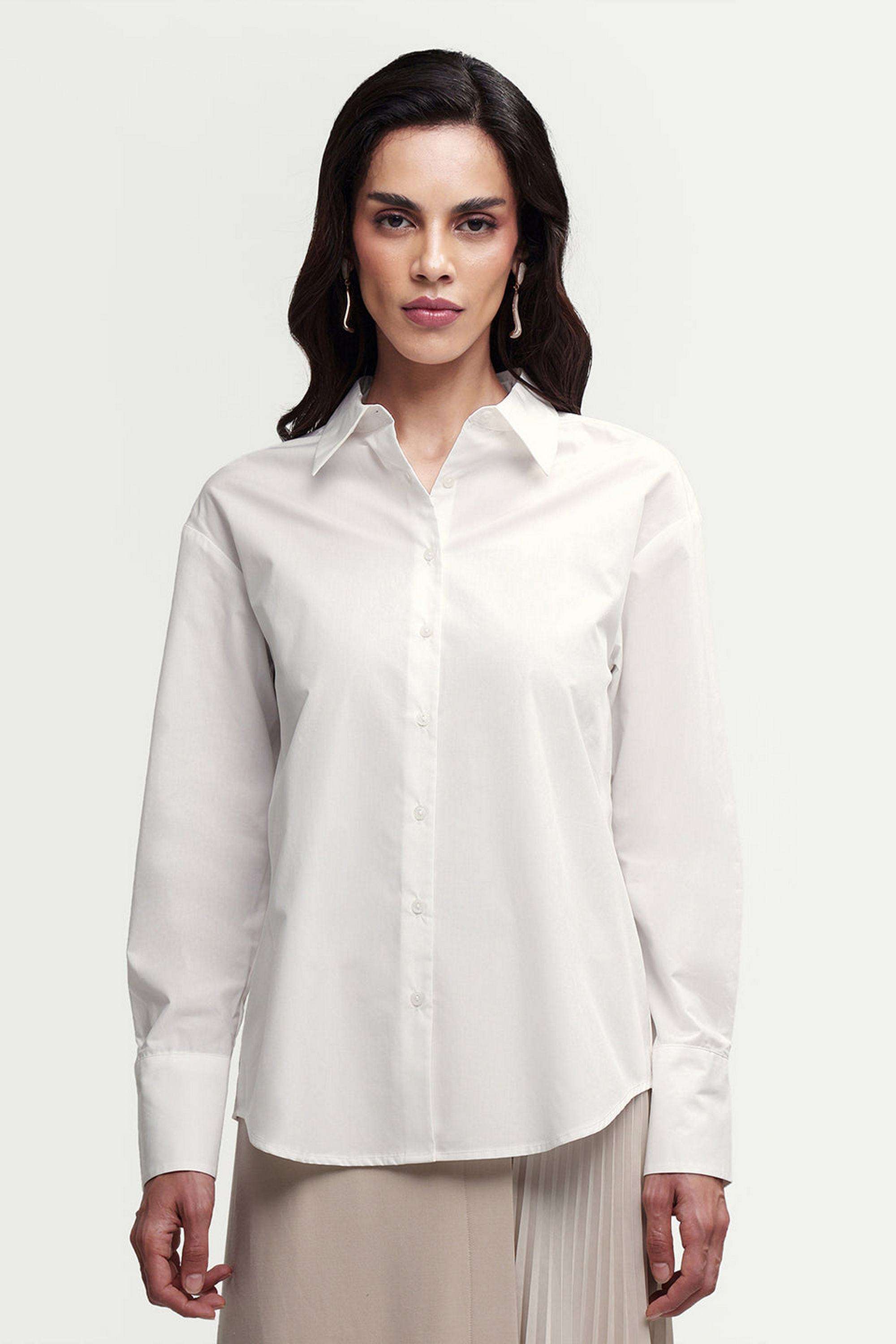 Solid-Cotton-Blend-Women-s-Shirt