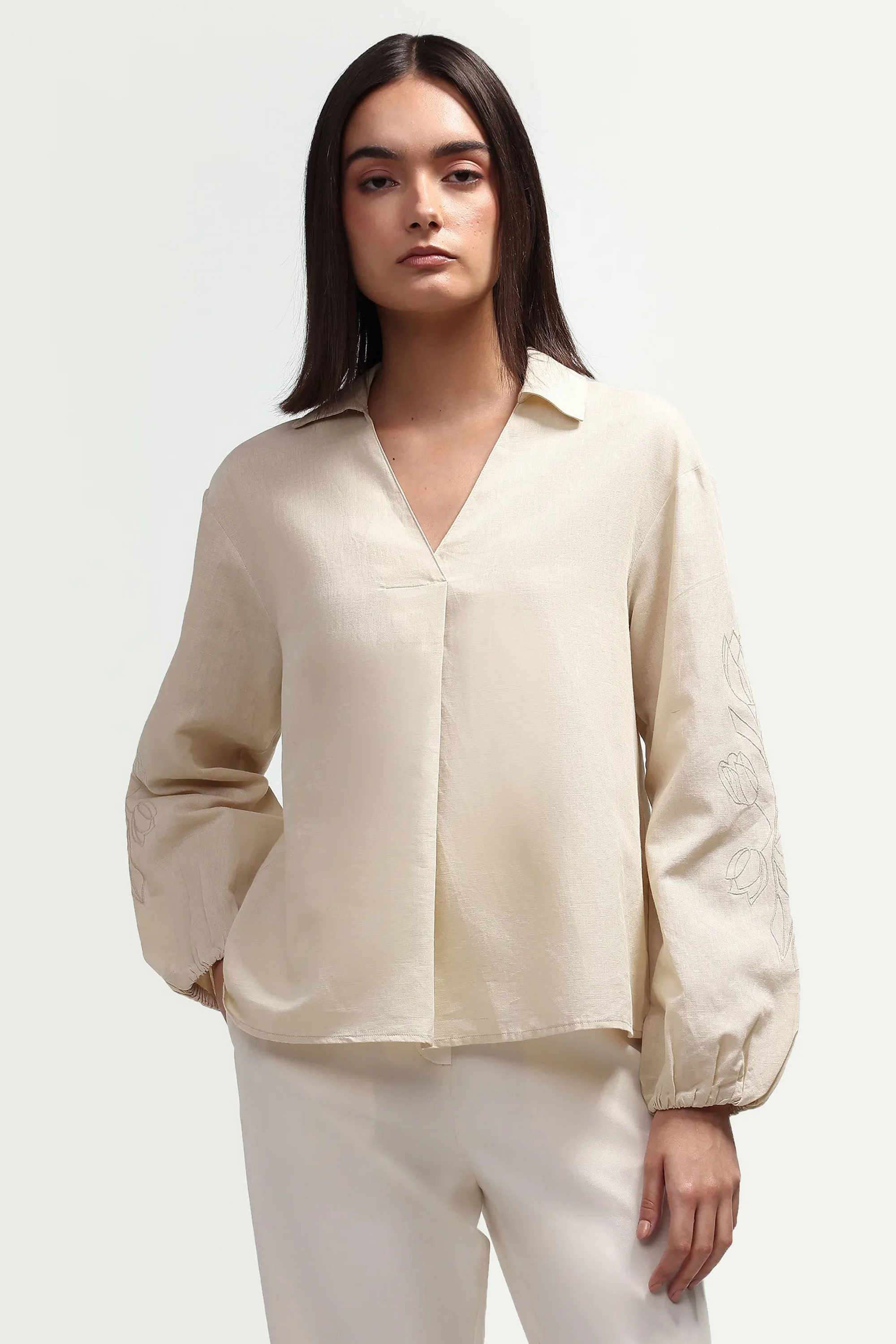 Solid Woven V-Neck Women's Top-image-21