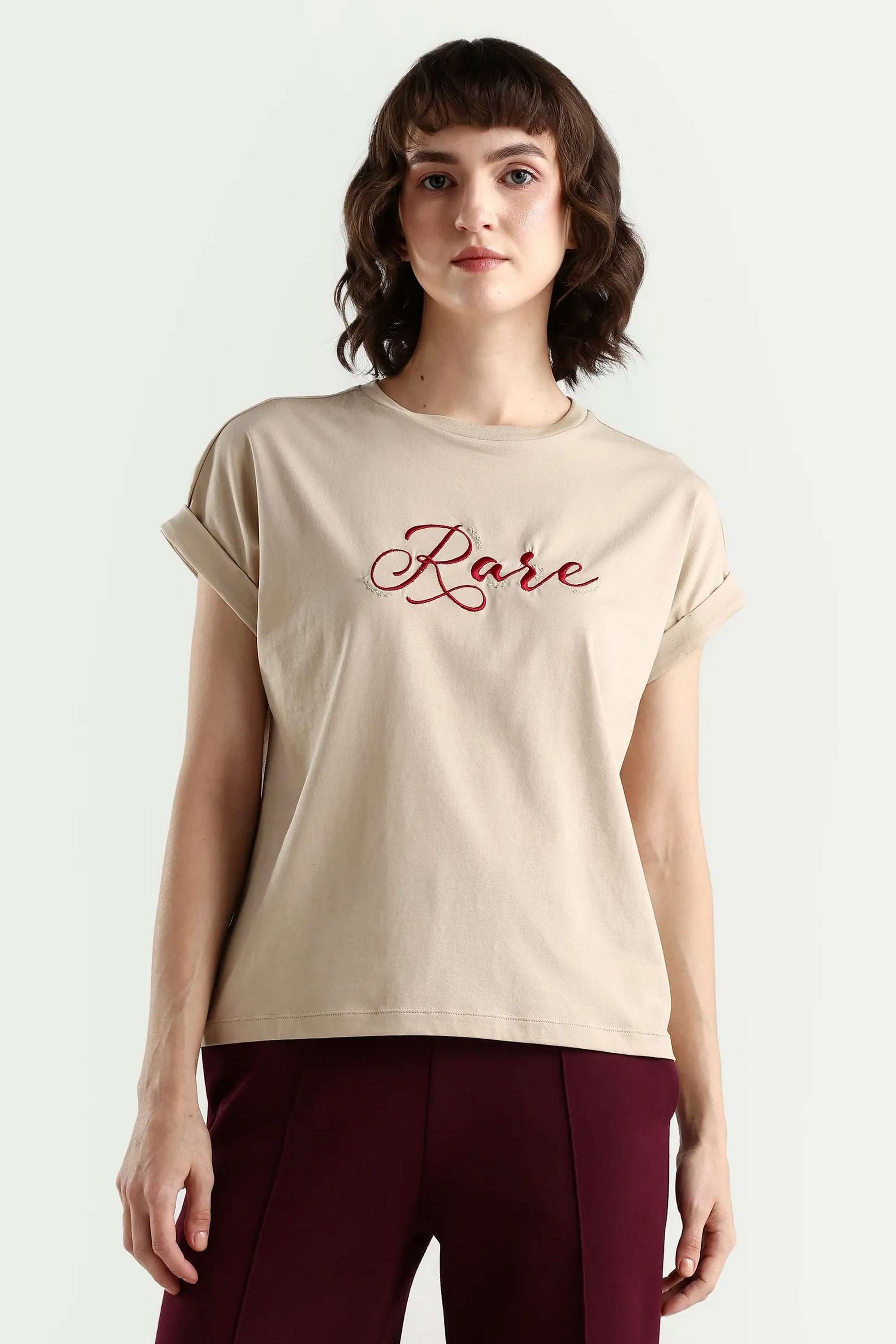 Solid-Blended-Fabric-Round-Neck-Women-s-T-Shirt