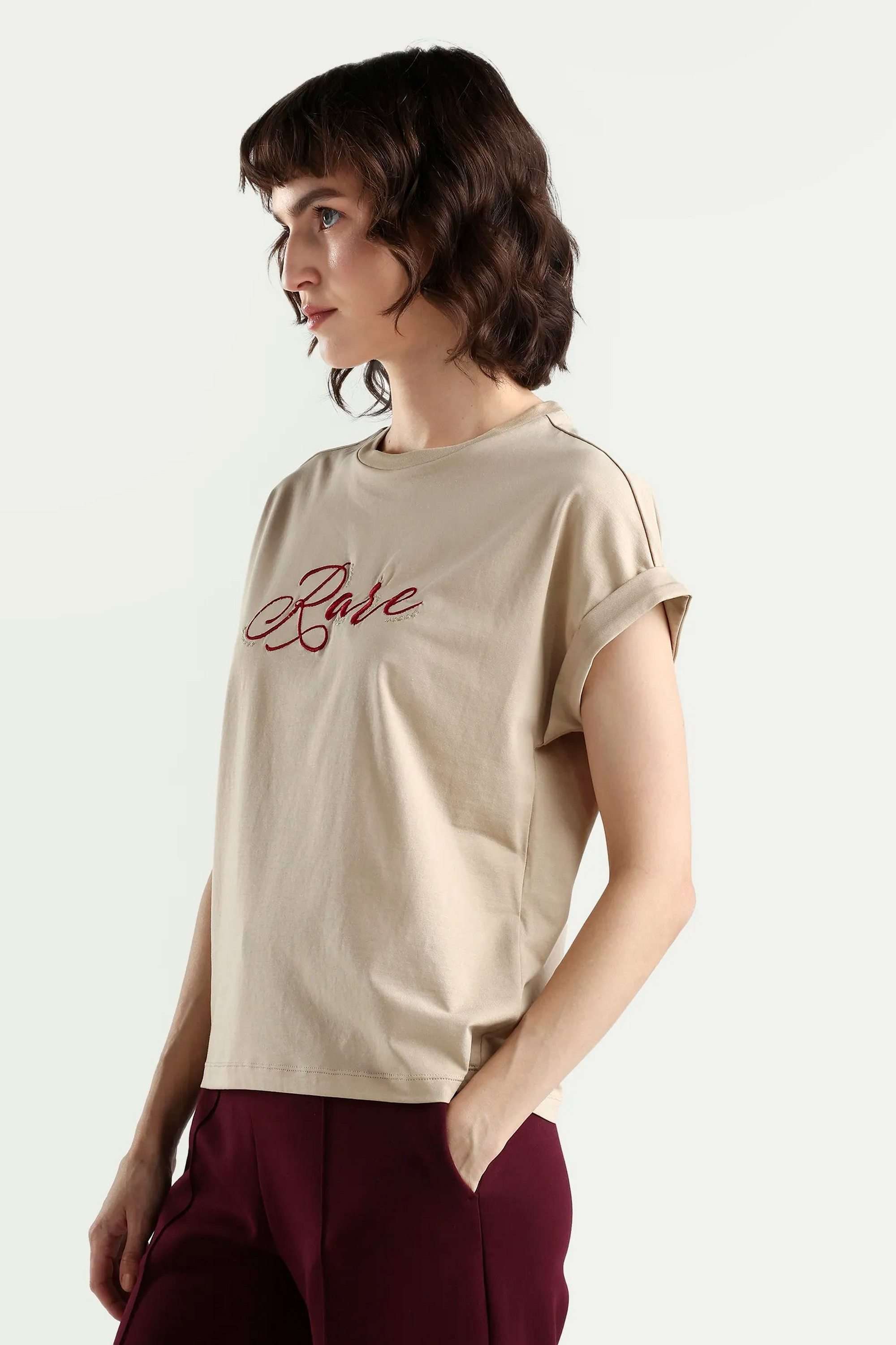 Solid-Blended-Fabric-Round-Neck-Women-s-T-Shirt