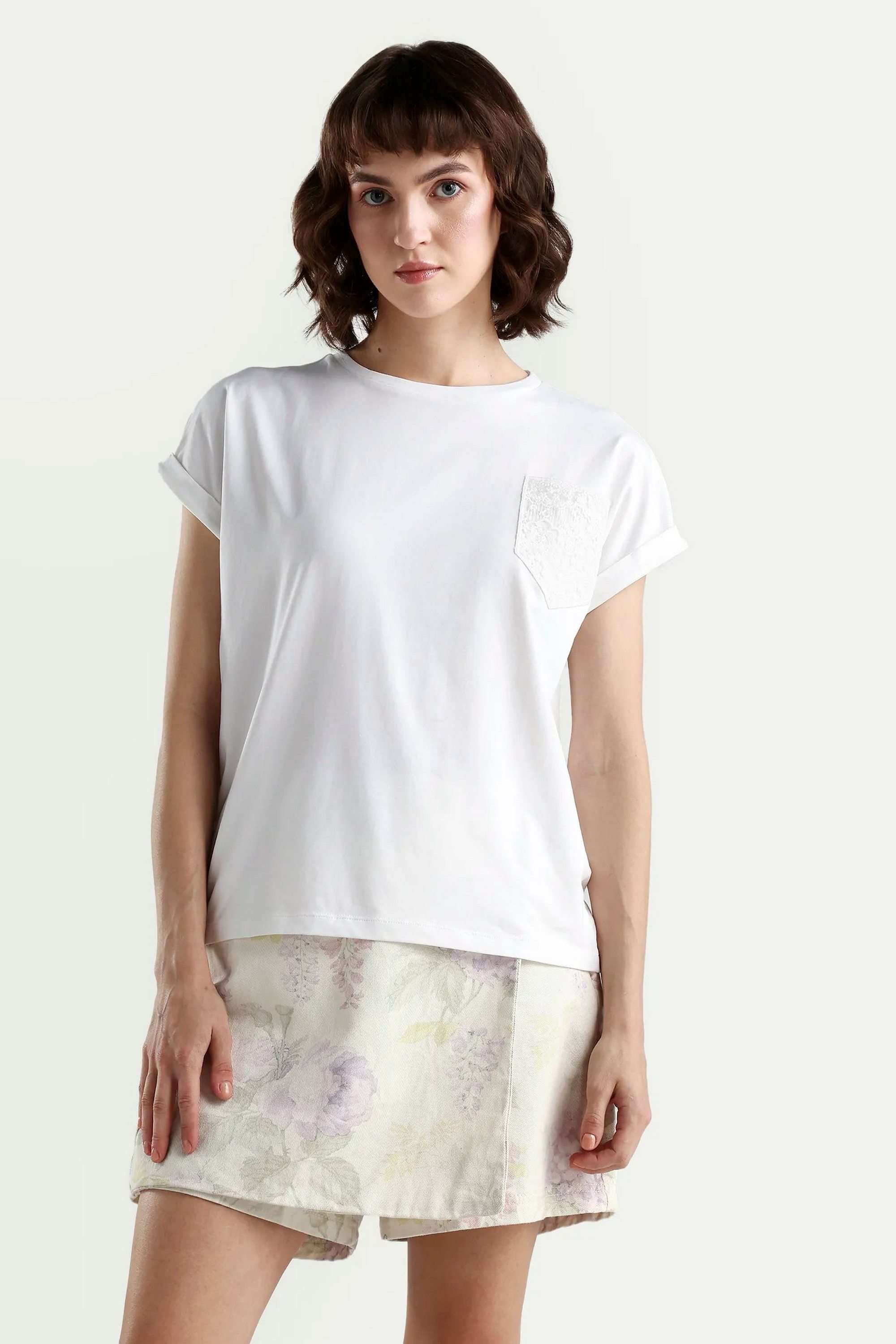 Solid-Blended-Fabric-Round-Neck-Women-s-T-Shirt