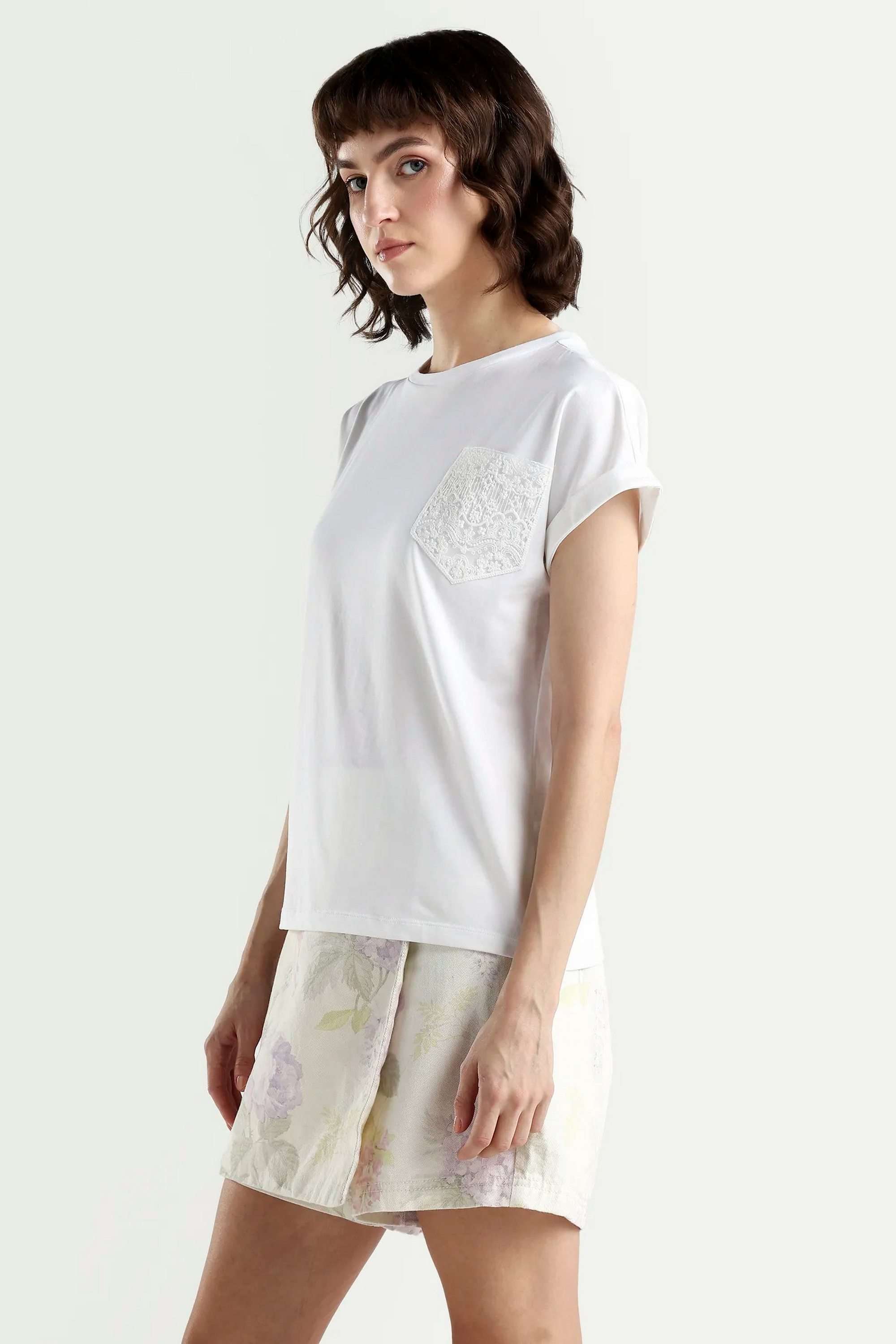 Solid-Blended-Fabric-Round-Neck-Women-s-T-Shirt