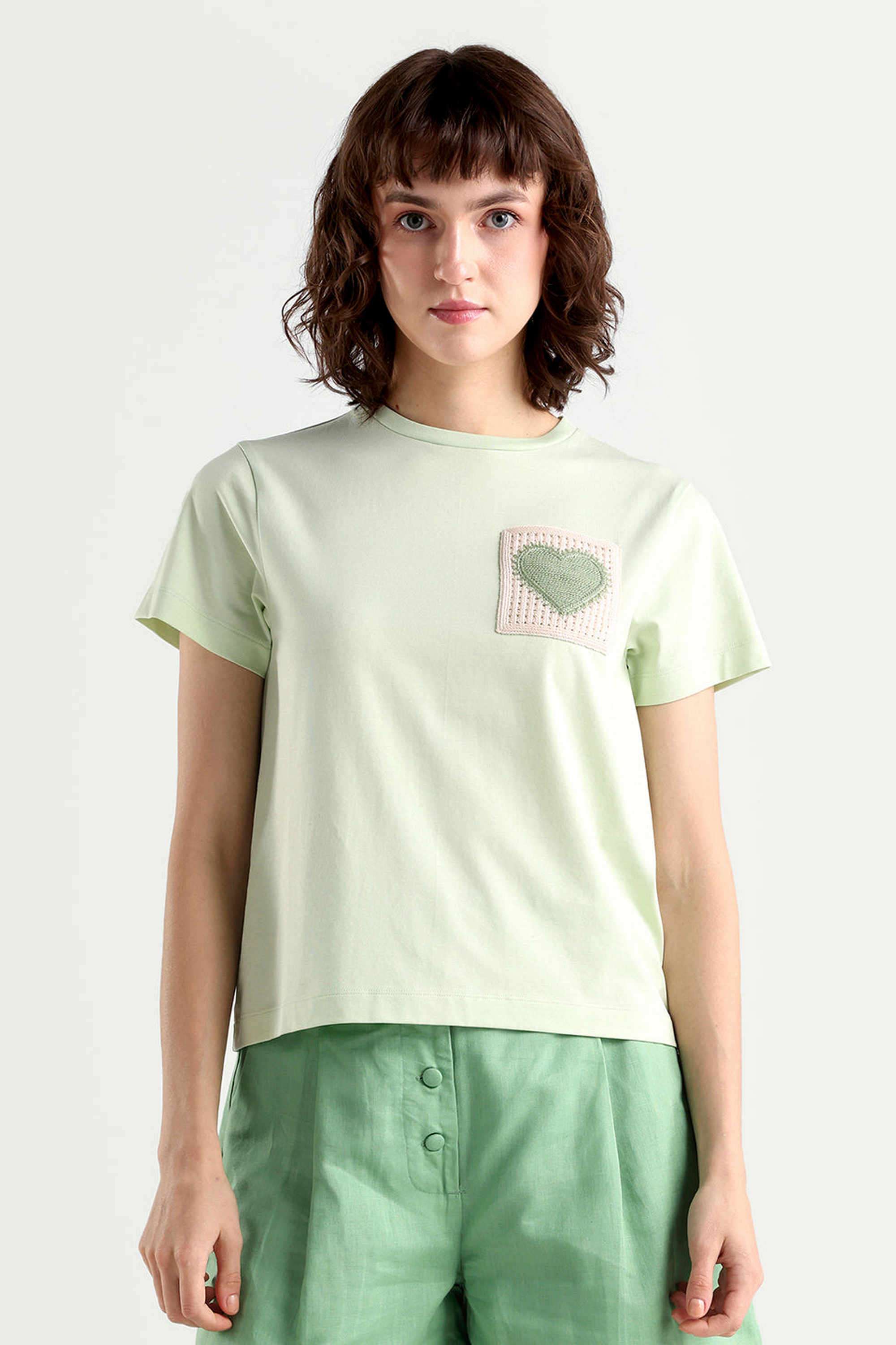 rareism Embroidered Cotton Blend Round Neck Women's T-Shirt-picture-34