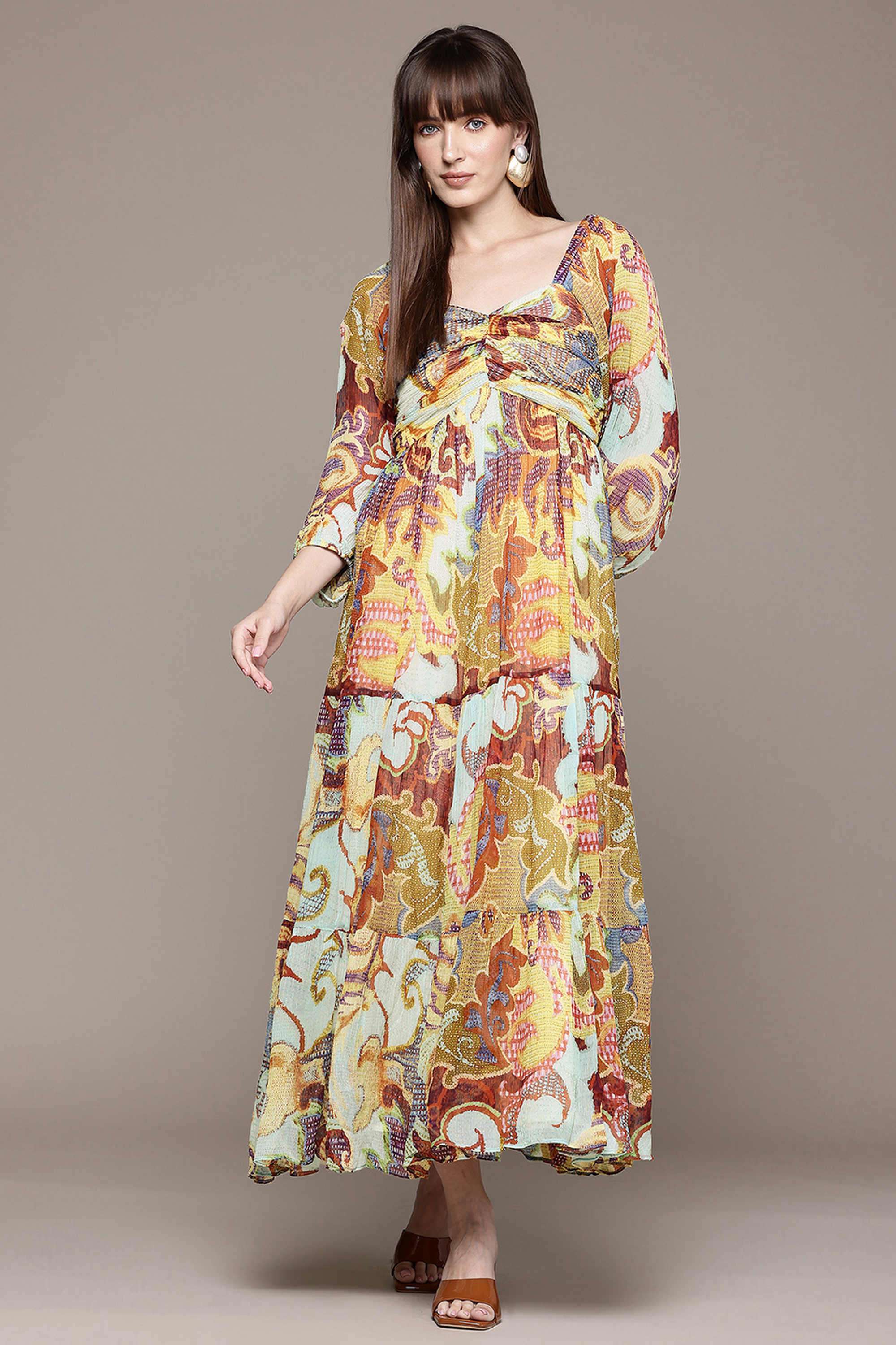 Printed Blended Fabric Collared Women's Maxi Dress-image-46