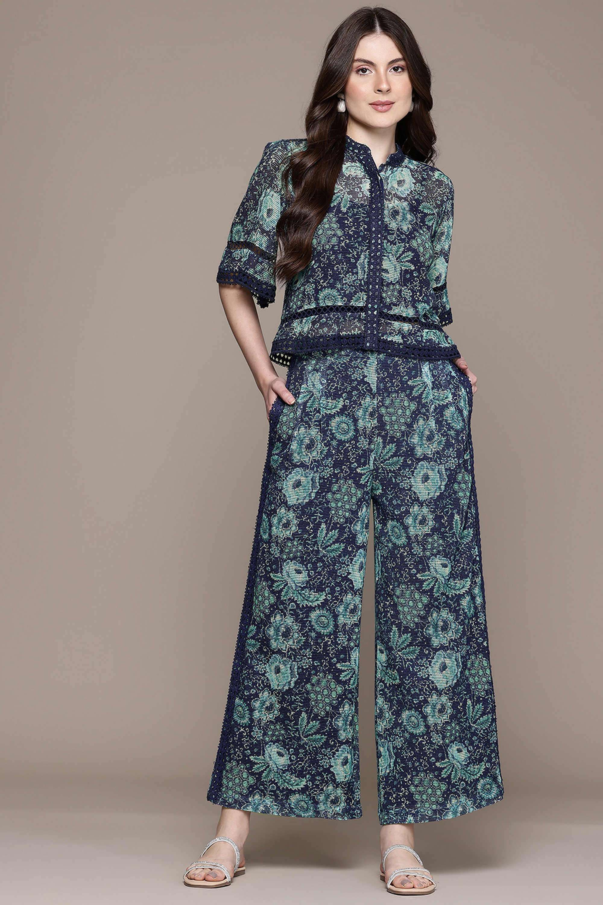 label ritu kumar Floral Cotton Blend Collared Women's Co-Ord Set-picture-31