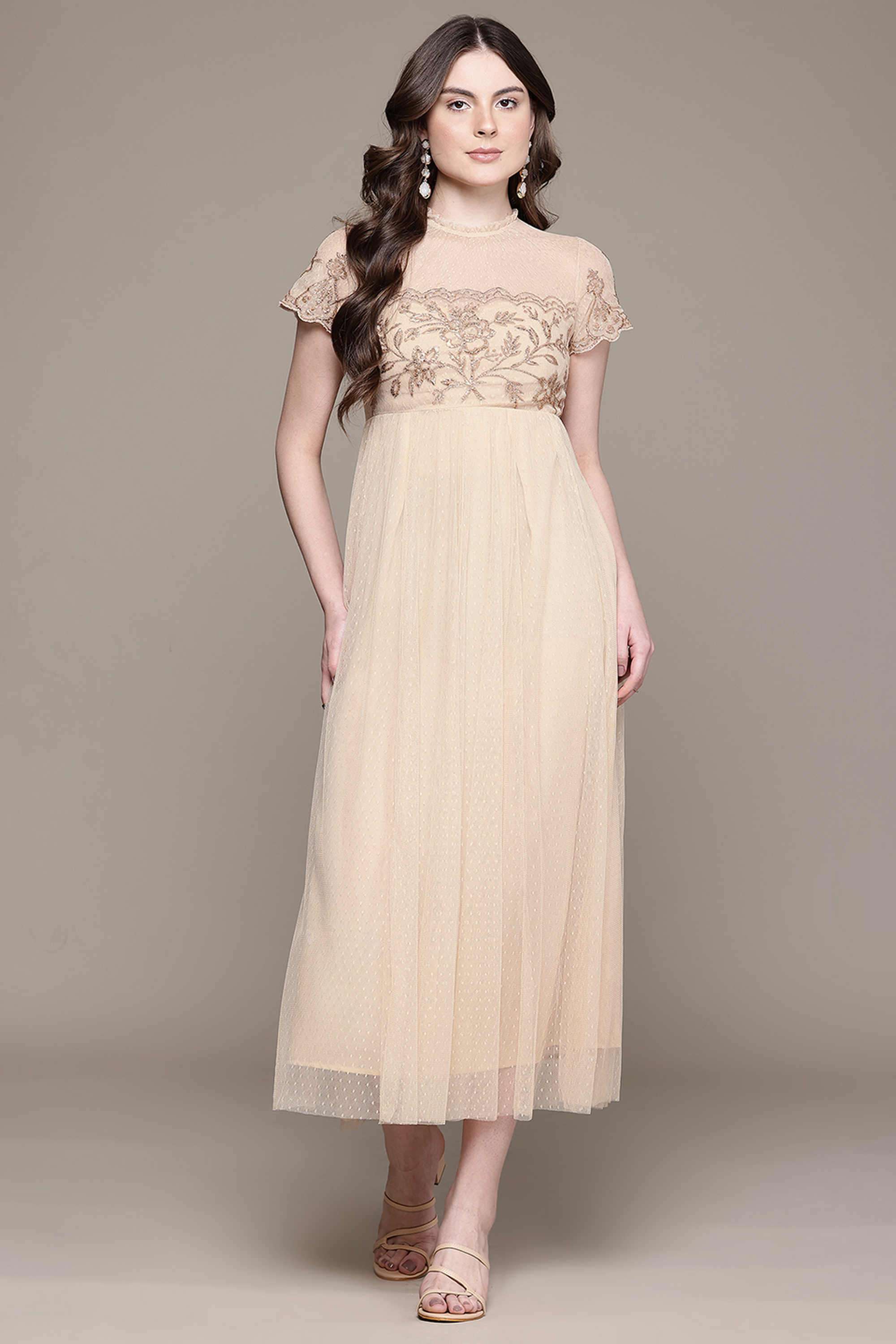 label ritu kumar Embroidered Blended Fabric Collared Women's Maxi Dress-picture-17