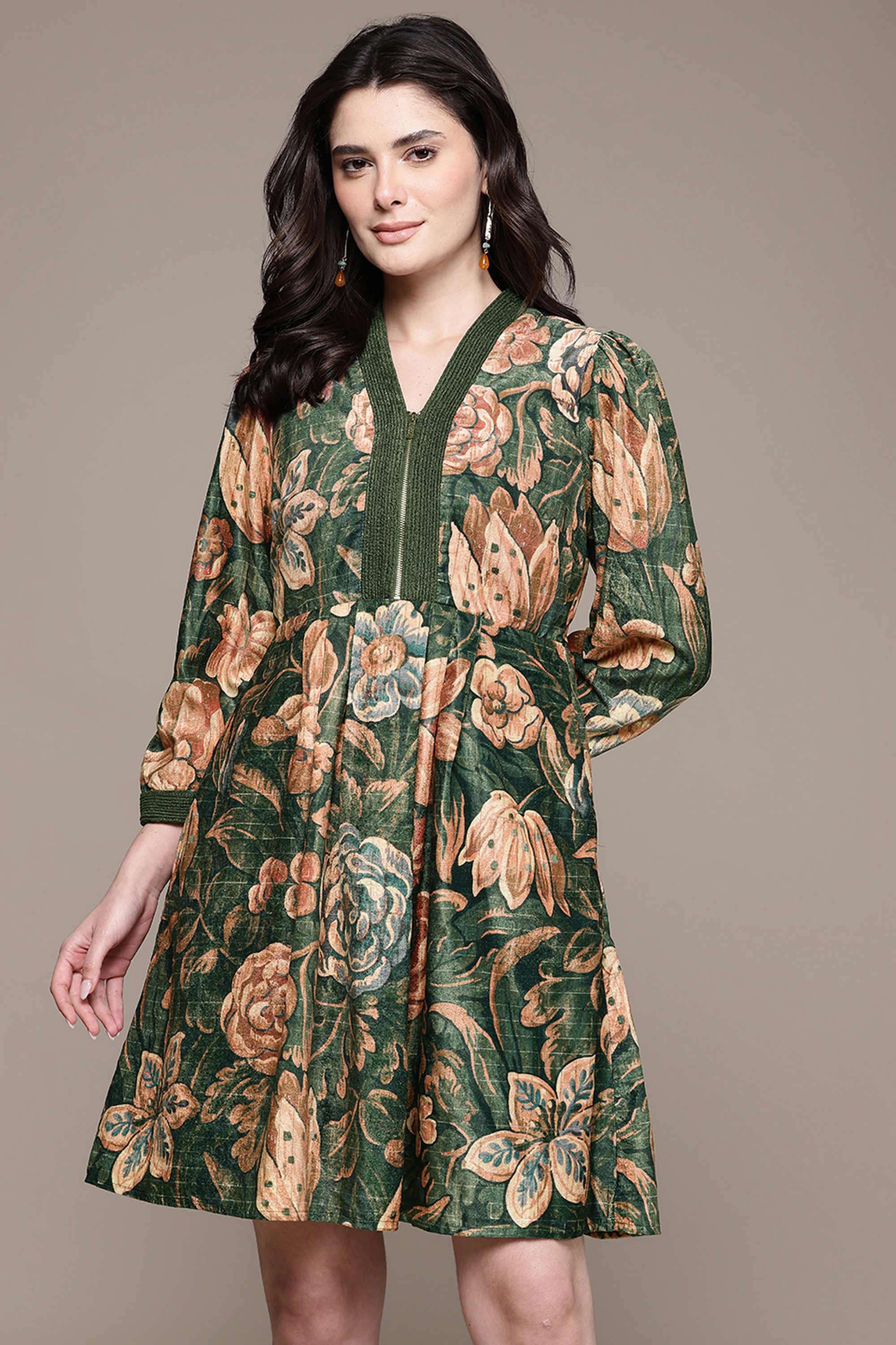 Floral Blended Fabric Collared Women's Mini Dress-image-41