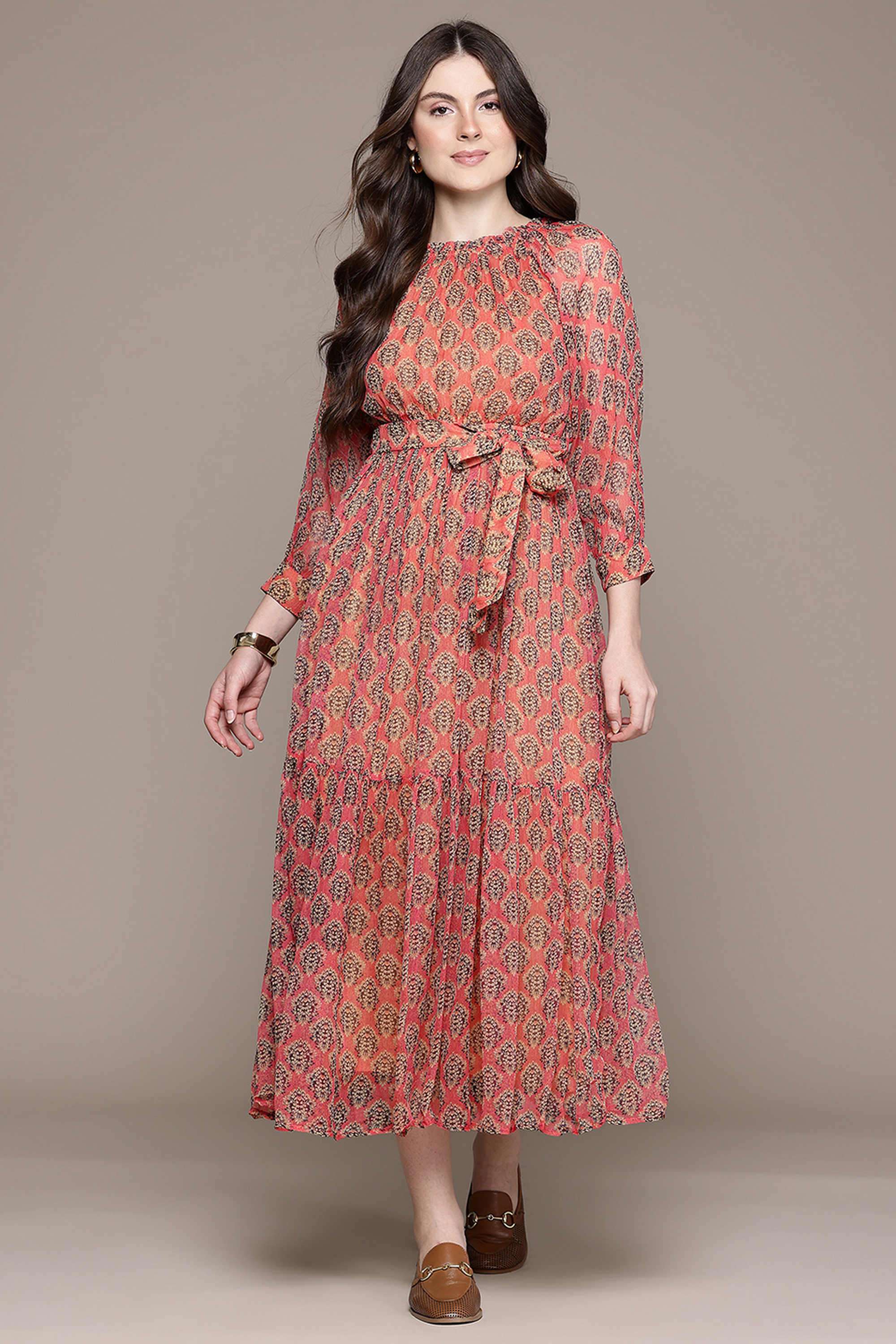 label ritu kumar Block Print Blended Fabric Collared Women's Maxi Dress-picture-36