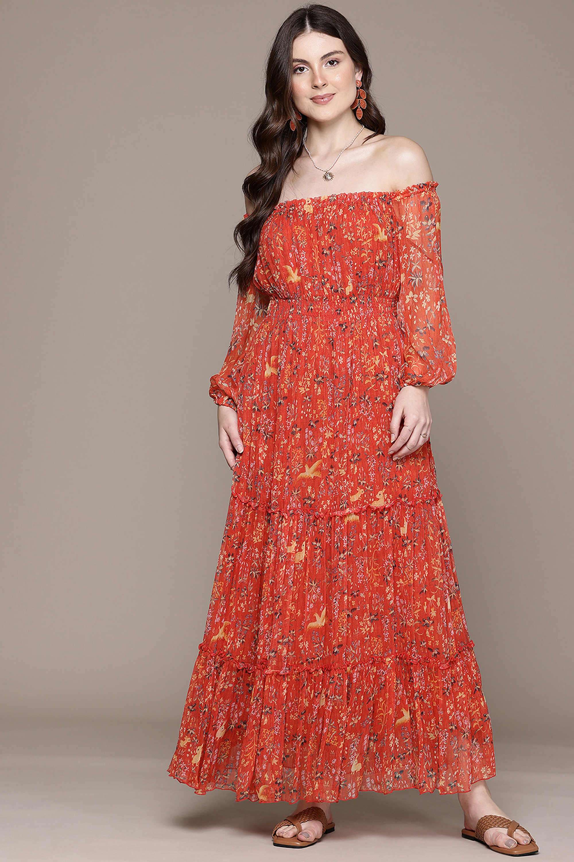 label ritu kumar Floral Blended Fabric Off Shoulder Women's Maxi Dress-picture-30