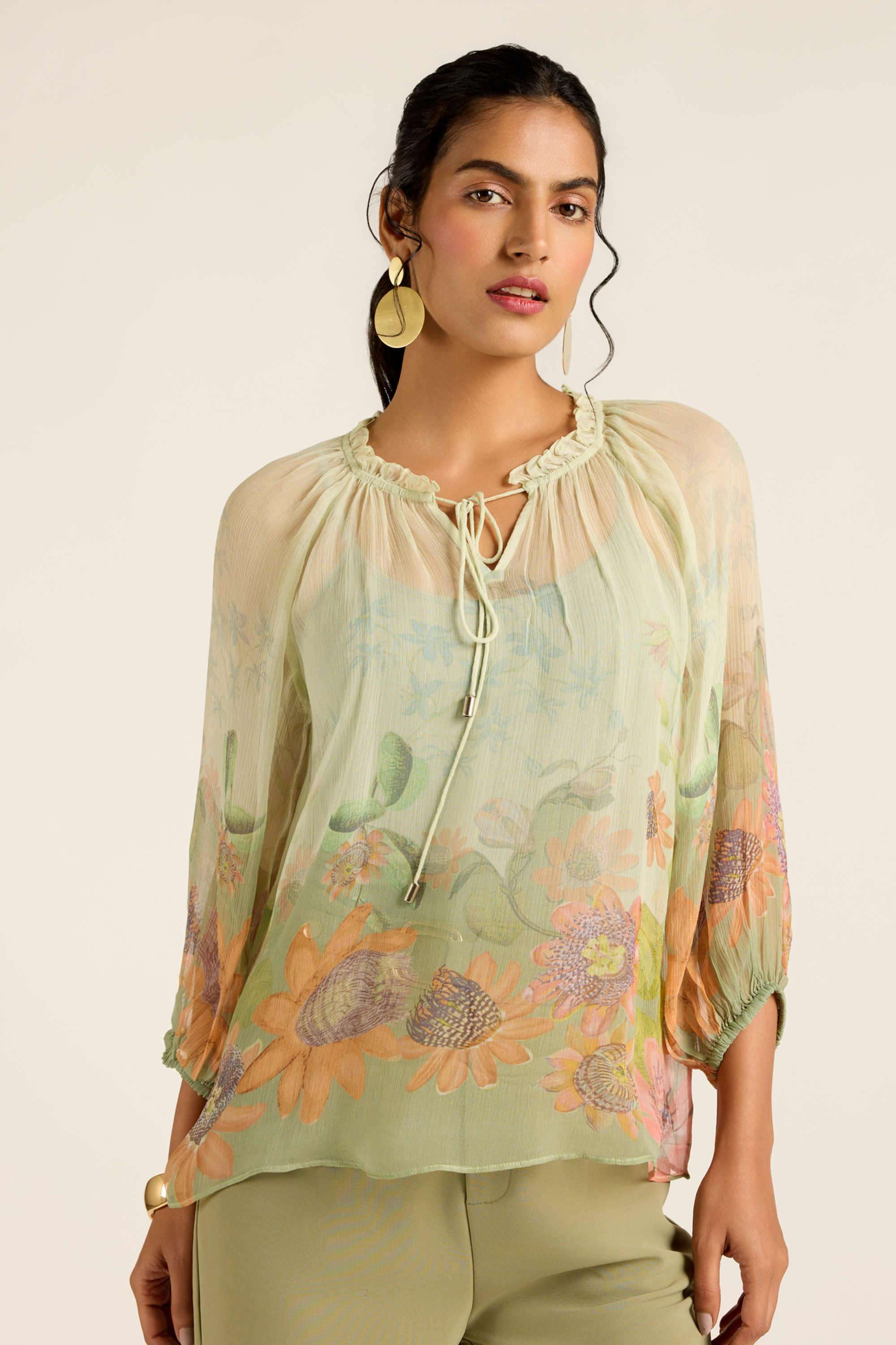 label ritu kumar Floral Blended Fabric Tie Up Neck Women's Top-picture-25