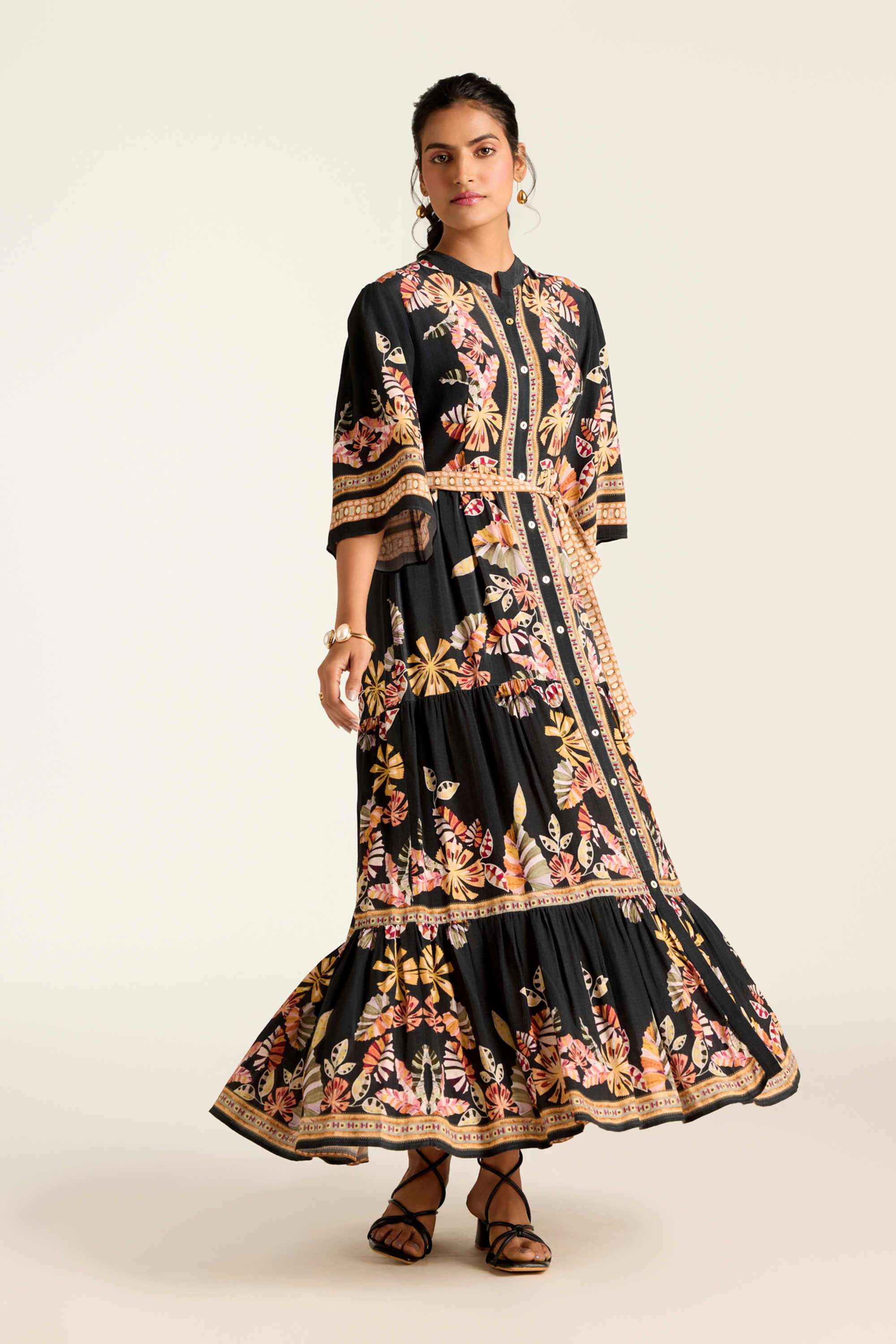 Floral Blended Fabric Collared Women's Maxi Dress-image-41