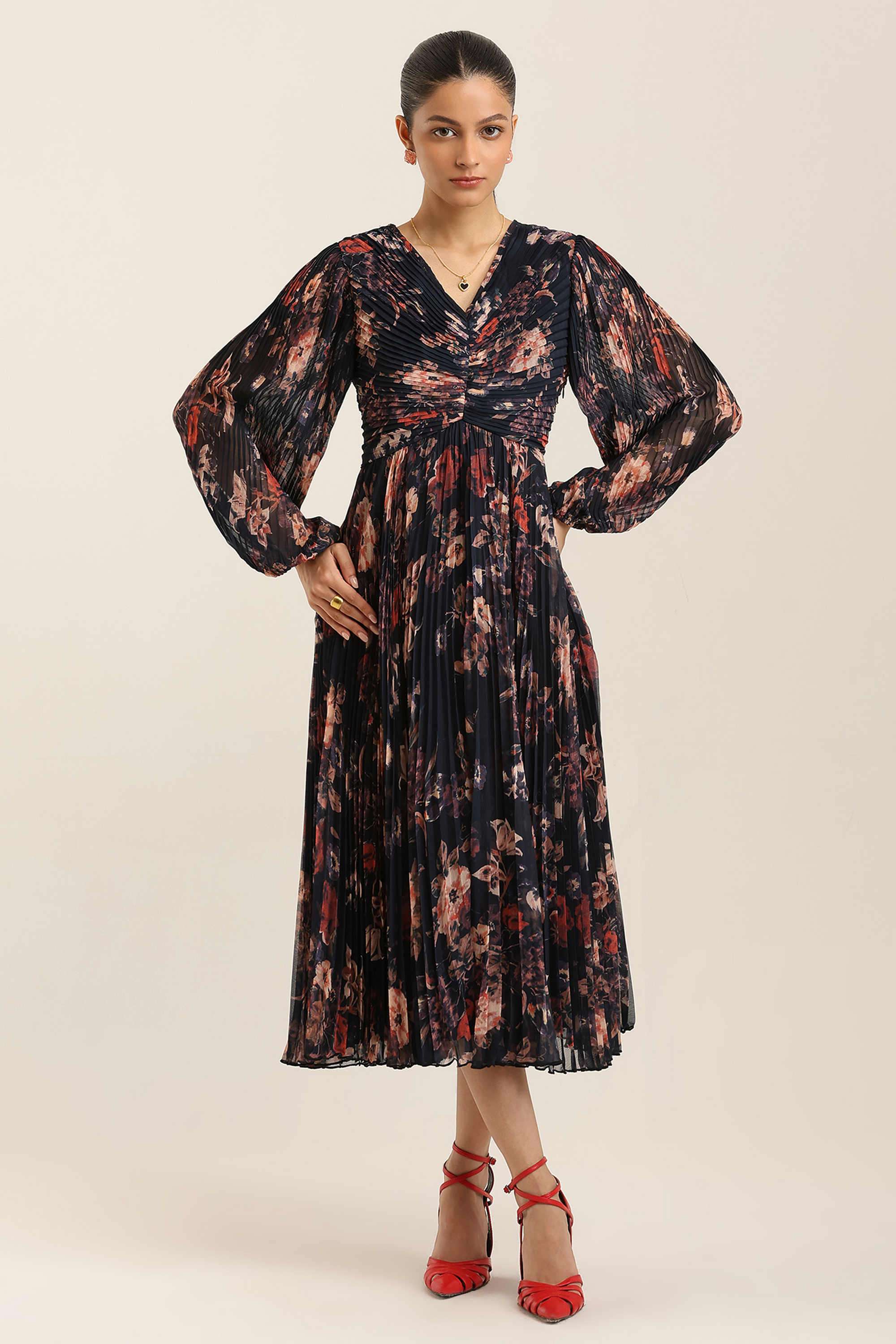 label ritu kumar Floral Blended Fabric Collared Women's Maxi Dress-picture-23
