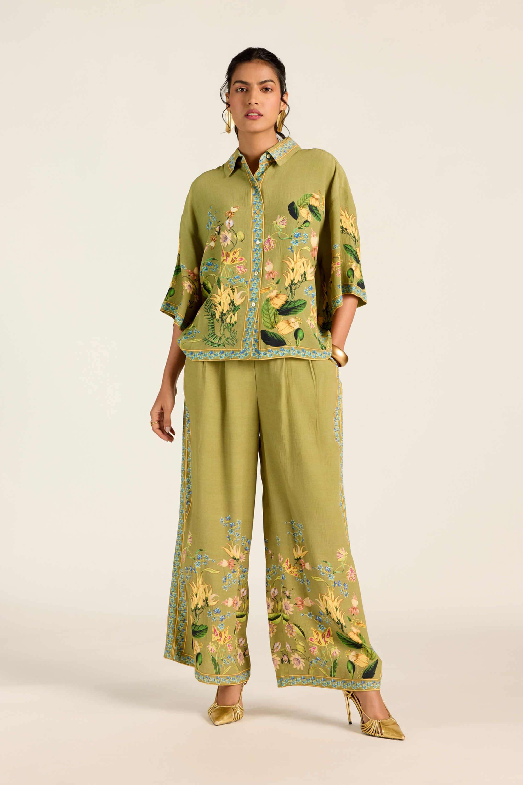 Floral Blended Fabric Collared Women's Co-Ord Set-image-2