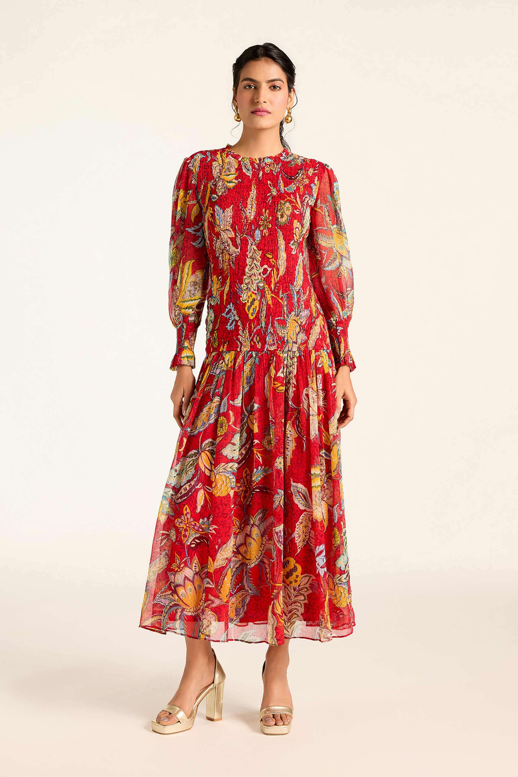 label ritu kumar Floral Blended Fabric Collared Women's Maxi Dress-picture-33