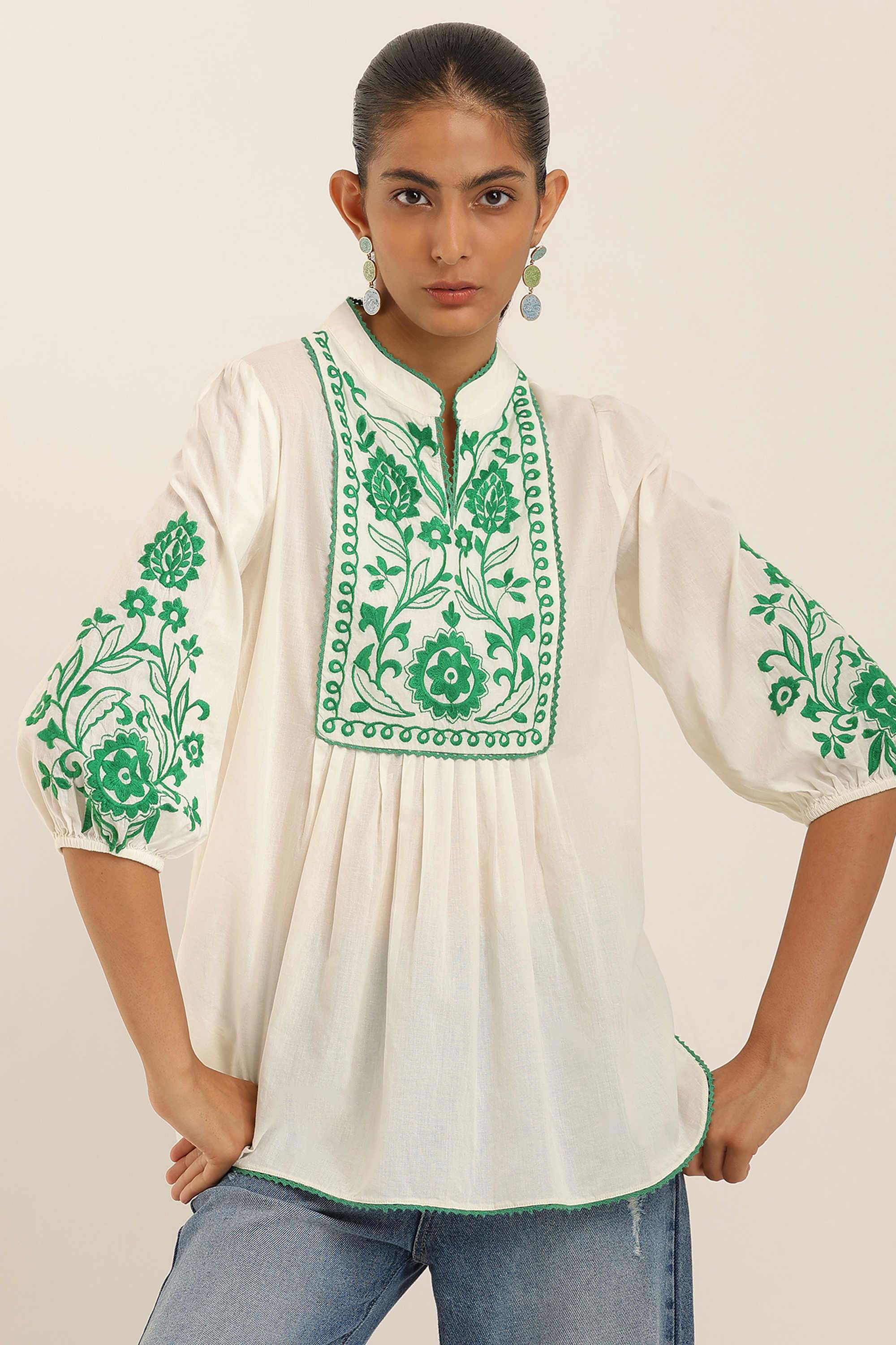 Embroidered Cotton Blend Collared Women's Top-image-5