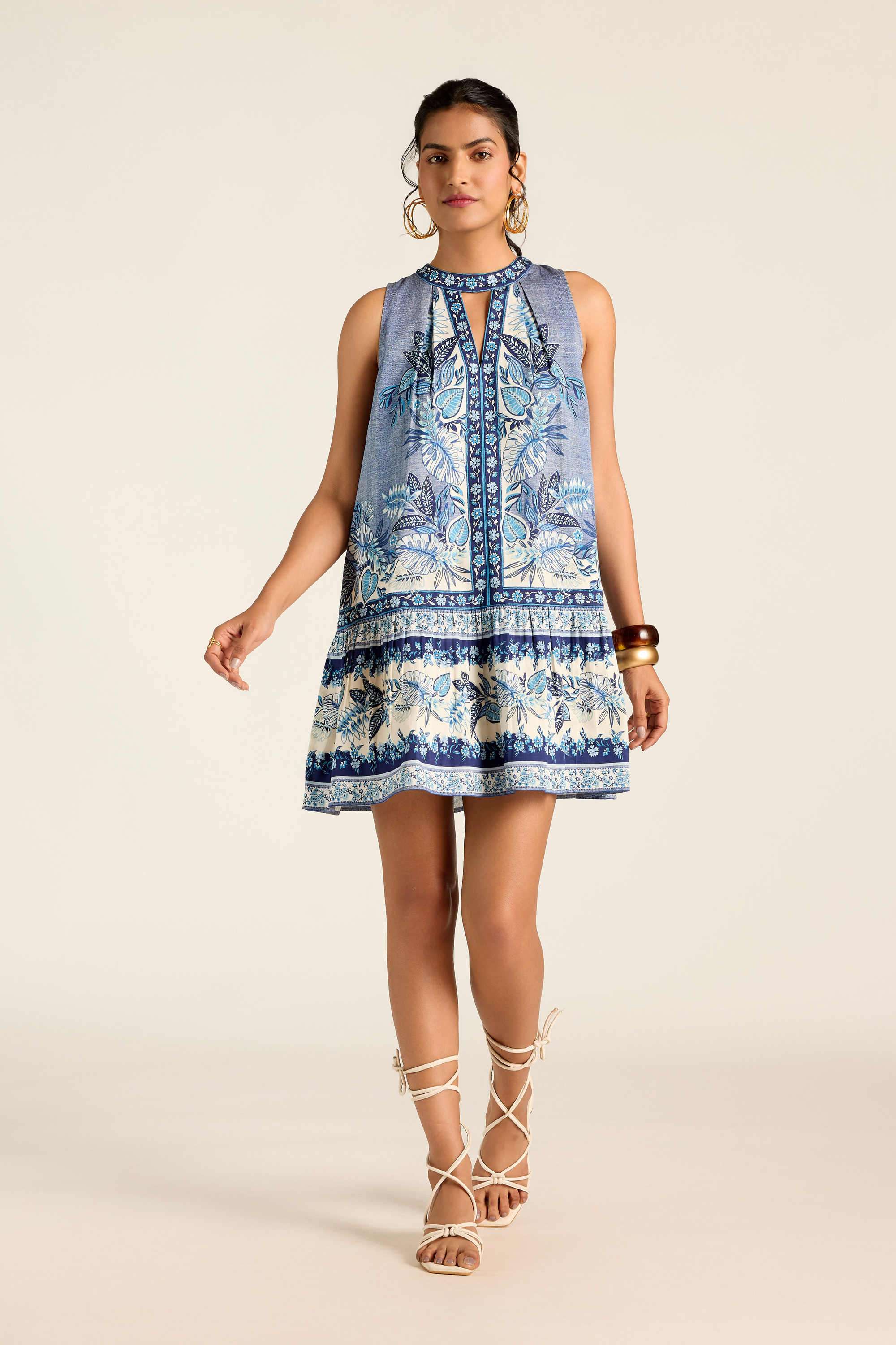 label ritu kumar Floral Cotton Blend Plunging Neck Women's Mini Dress-picture-31