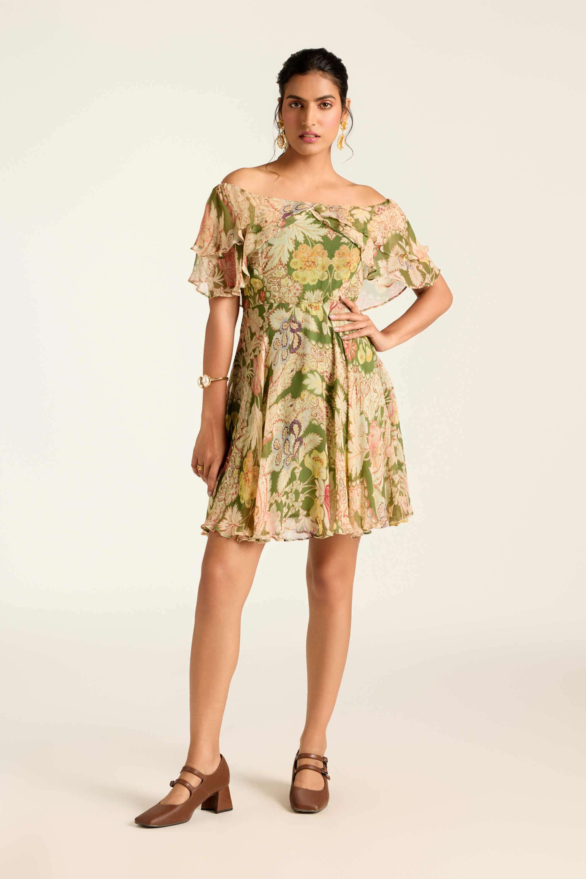label ritu kumar Floral Blended Fabric Off Shoulder Women's Mini Dress-picture-13