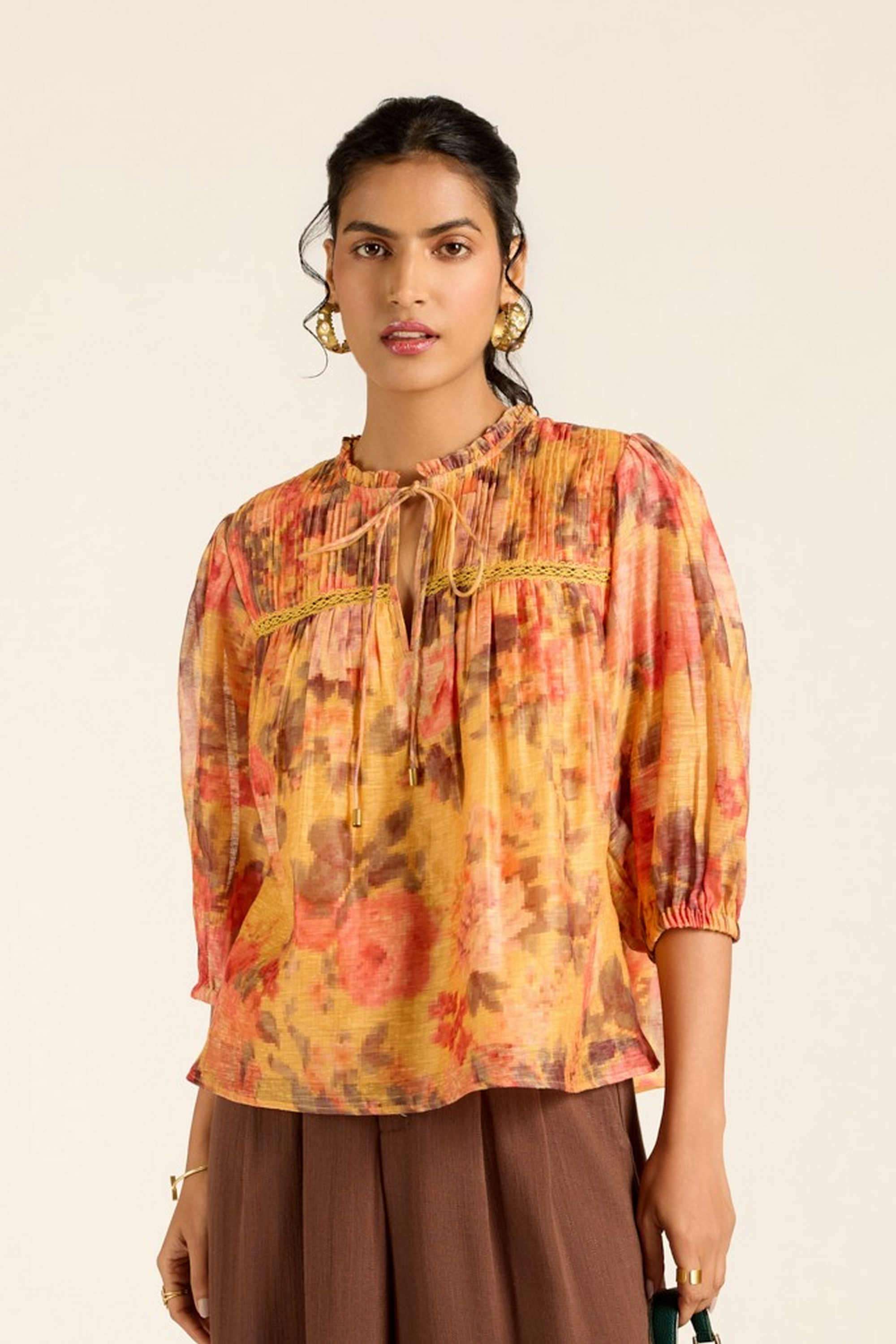 label ritu kumar Floral Blended Fabric Tie Up Neck Women's Top-picture-13