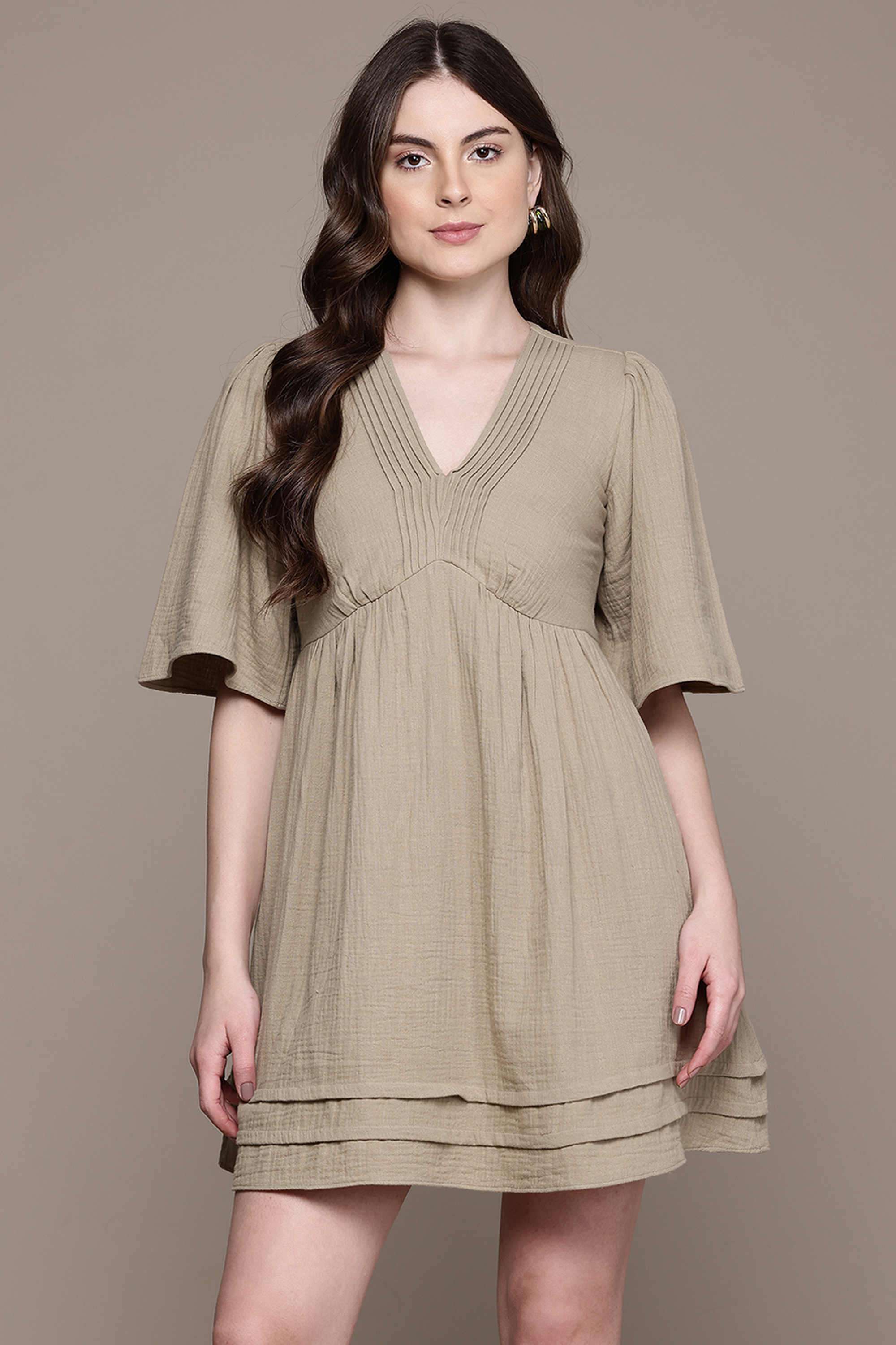 Textured Cotton Blend Collared Women's Mini Dress-image-34