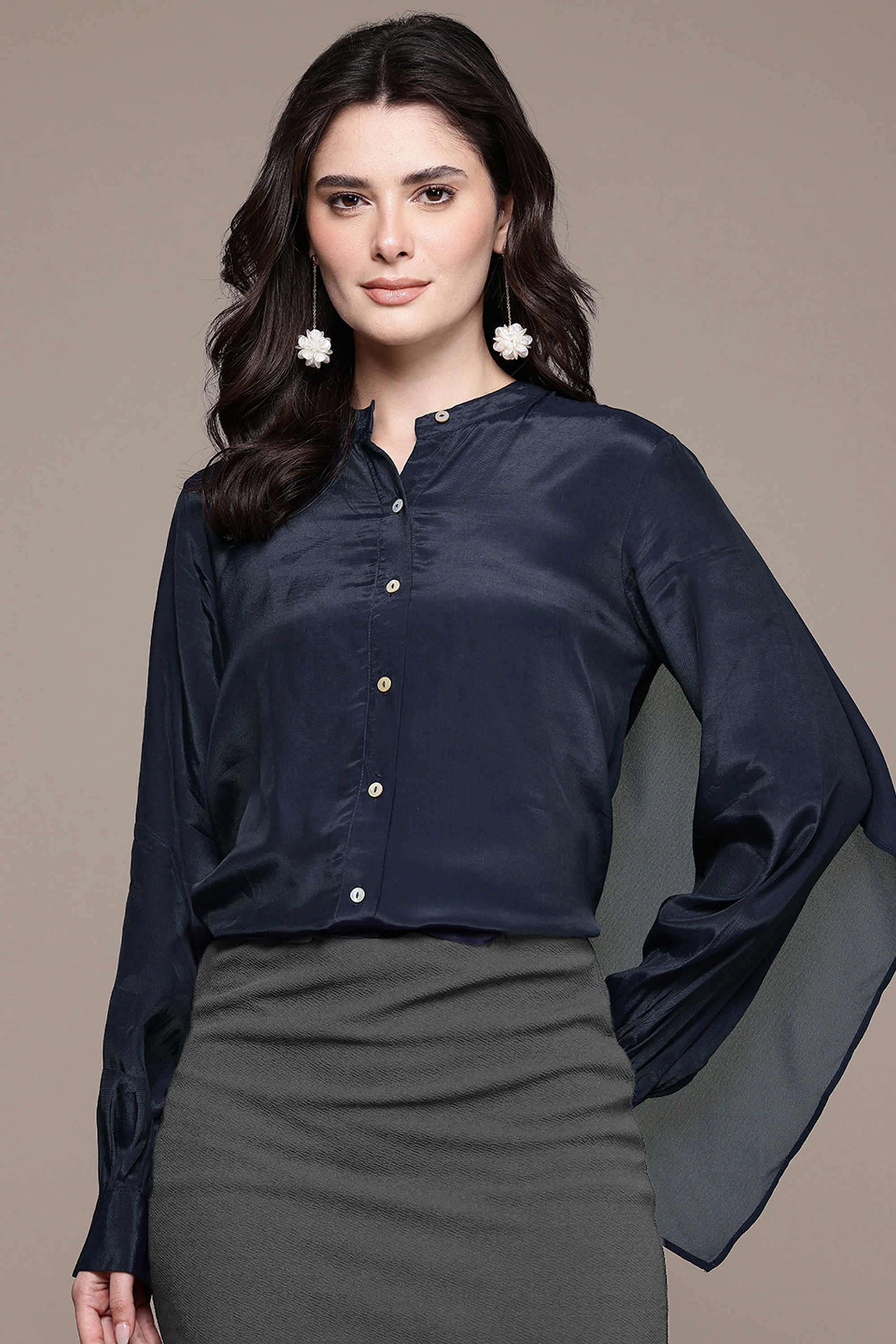 label ritu kumar Solid Blended Fabric Relaxed Fit Women's Shirt-picture-29