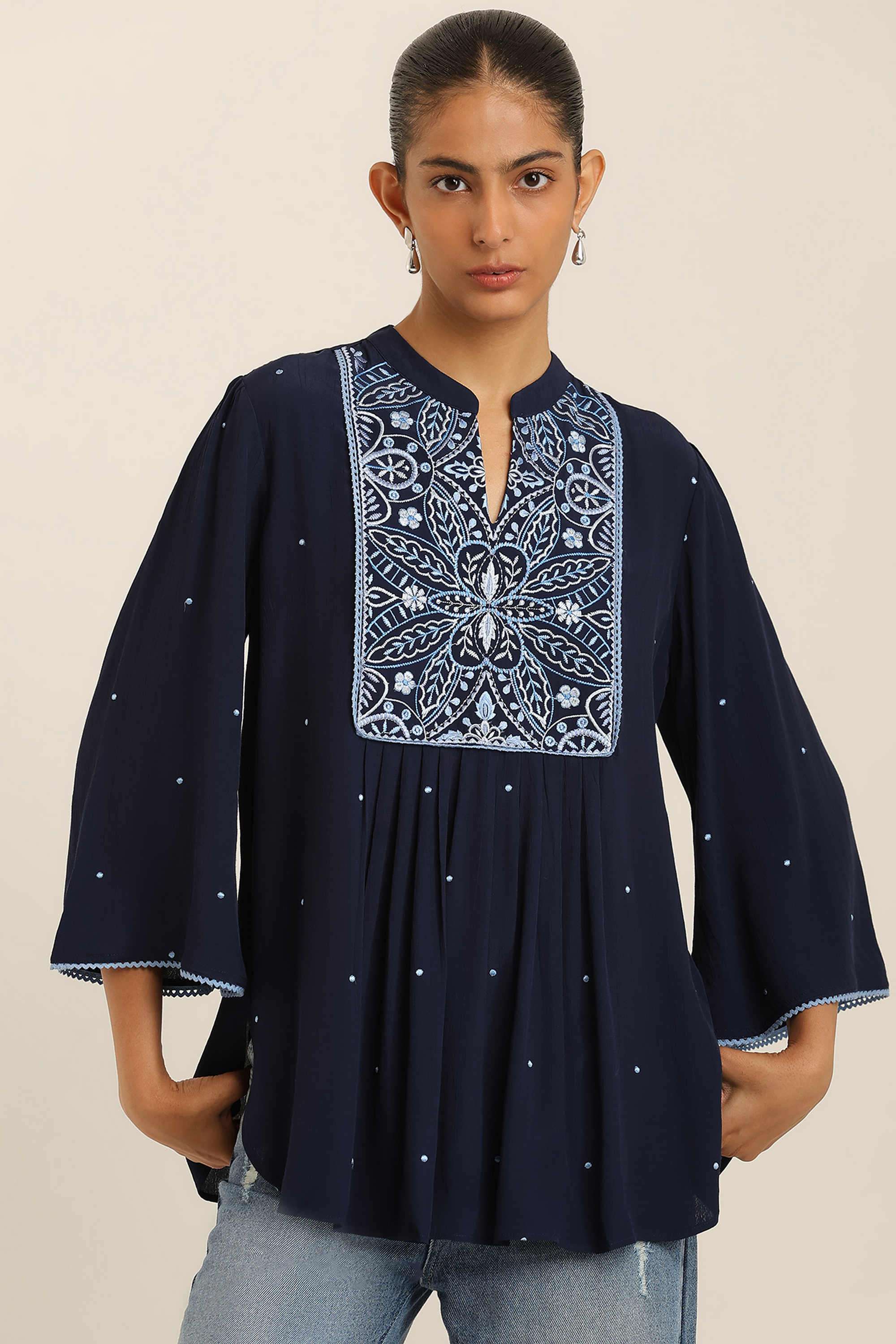 Embroidered Blended Fabric Y-Neck Women's Top-image-33