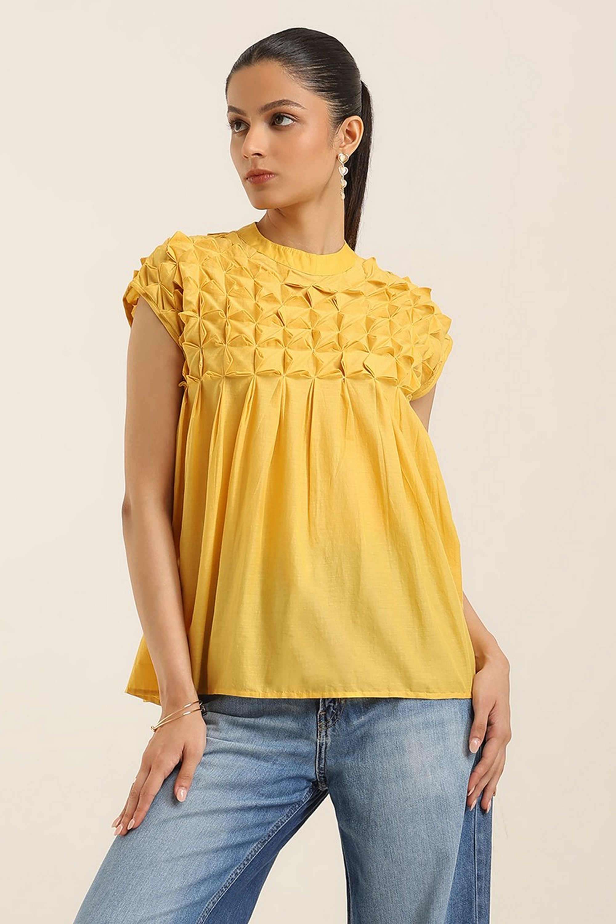 label ritu kumar Textured Cotton Blend High Neck Women's Top-picture-39