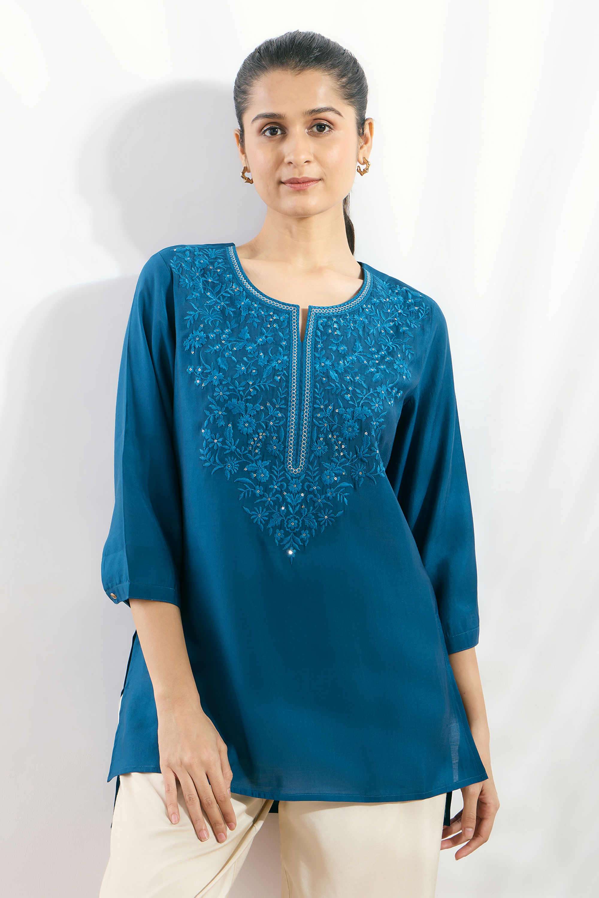 silver lime Embroidered Viscose Round Neck Women's Top-picture-2
