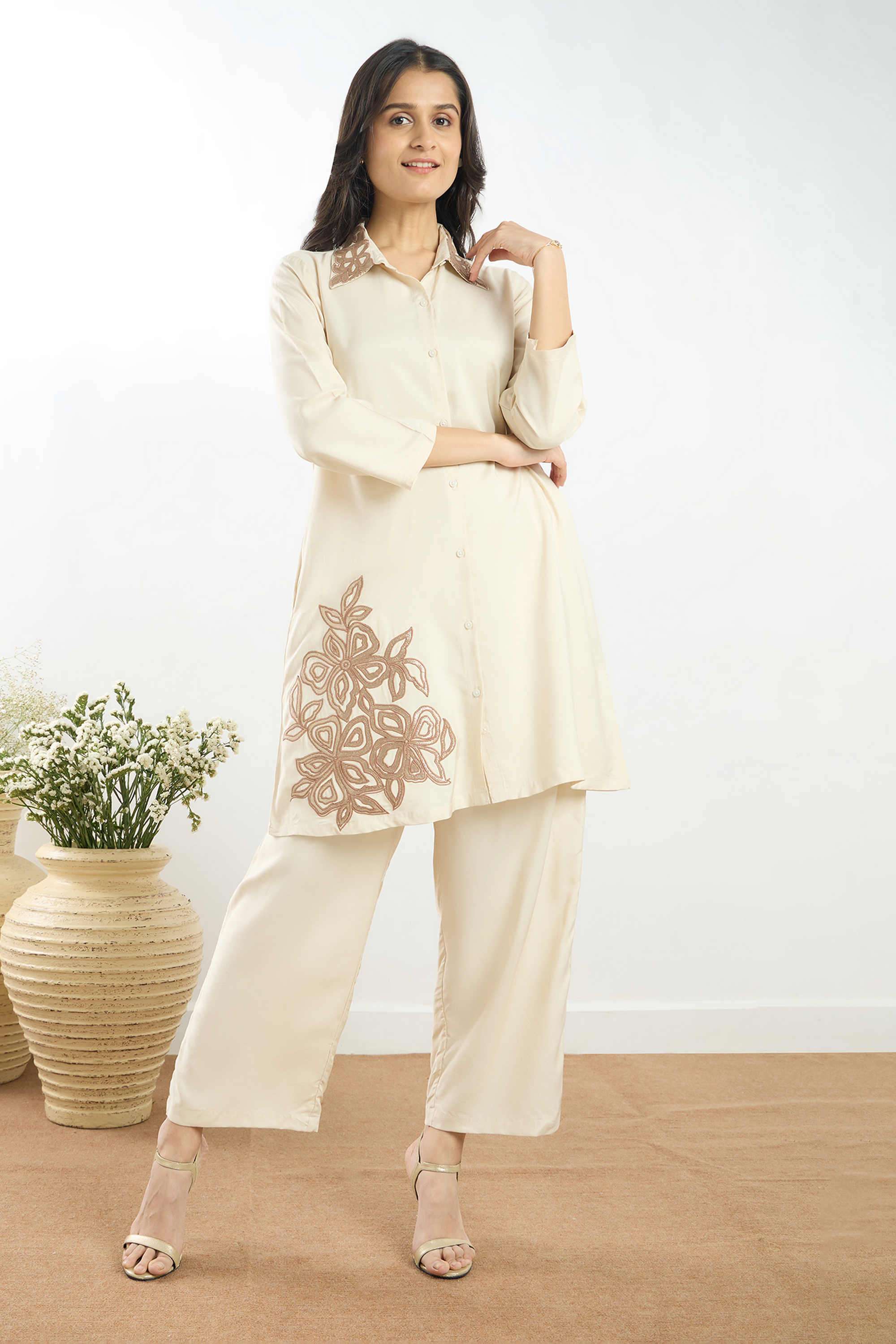 silver lime Embroidered Viscose Woven Women's Co-Ord Set-picture-9