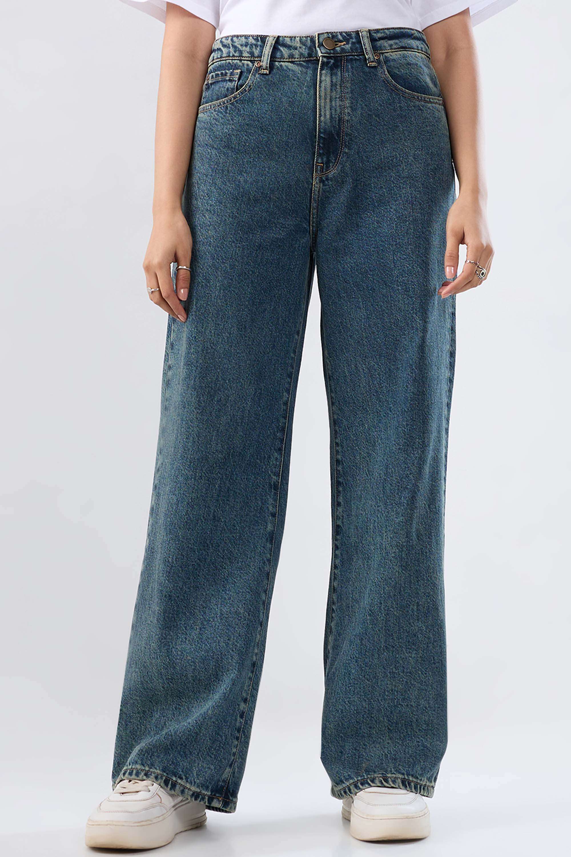 Blended Fabric Wide Leg Fit Women's Jeans-image-44