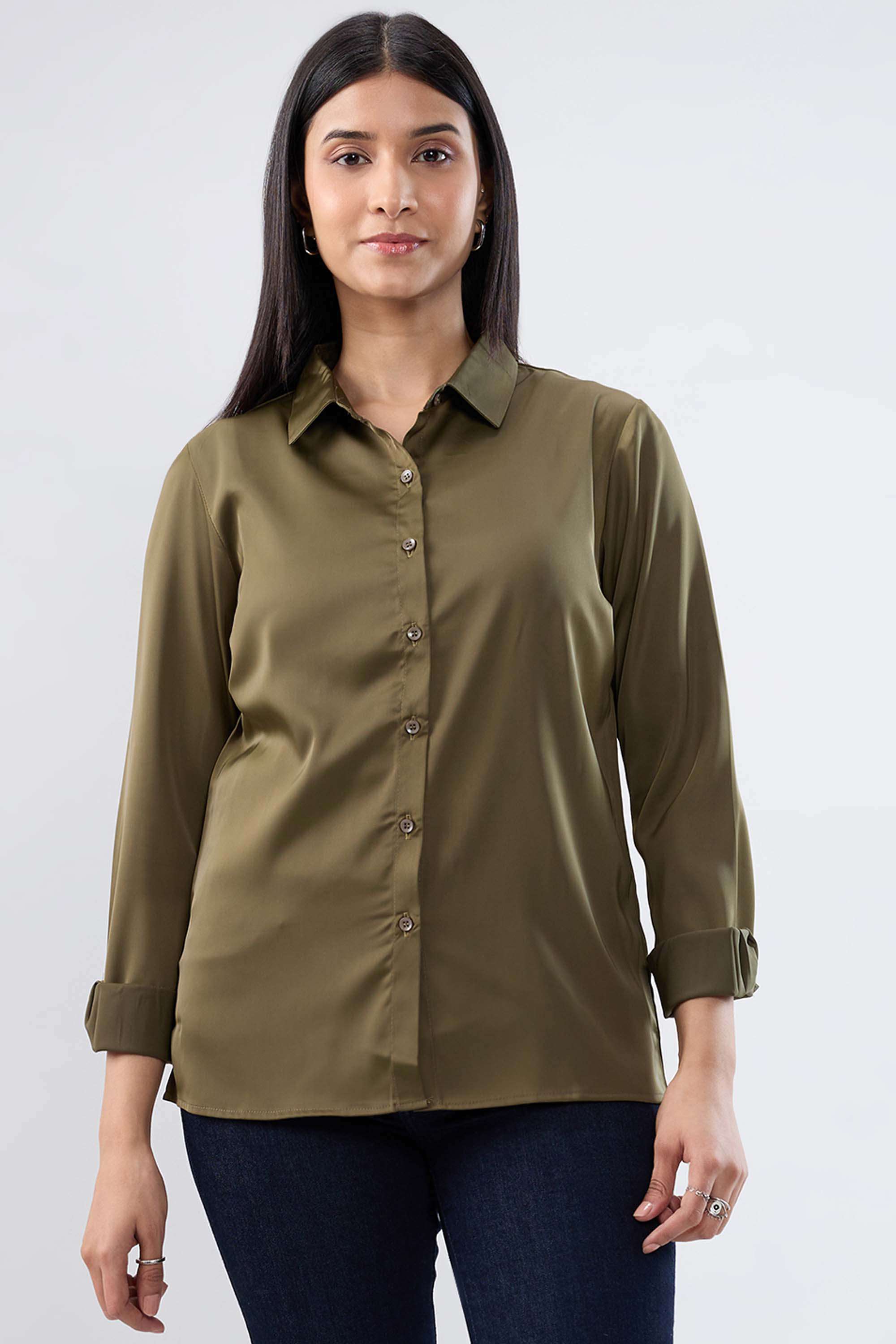 Solid-Blended-Fabric-Women-s-Shirt