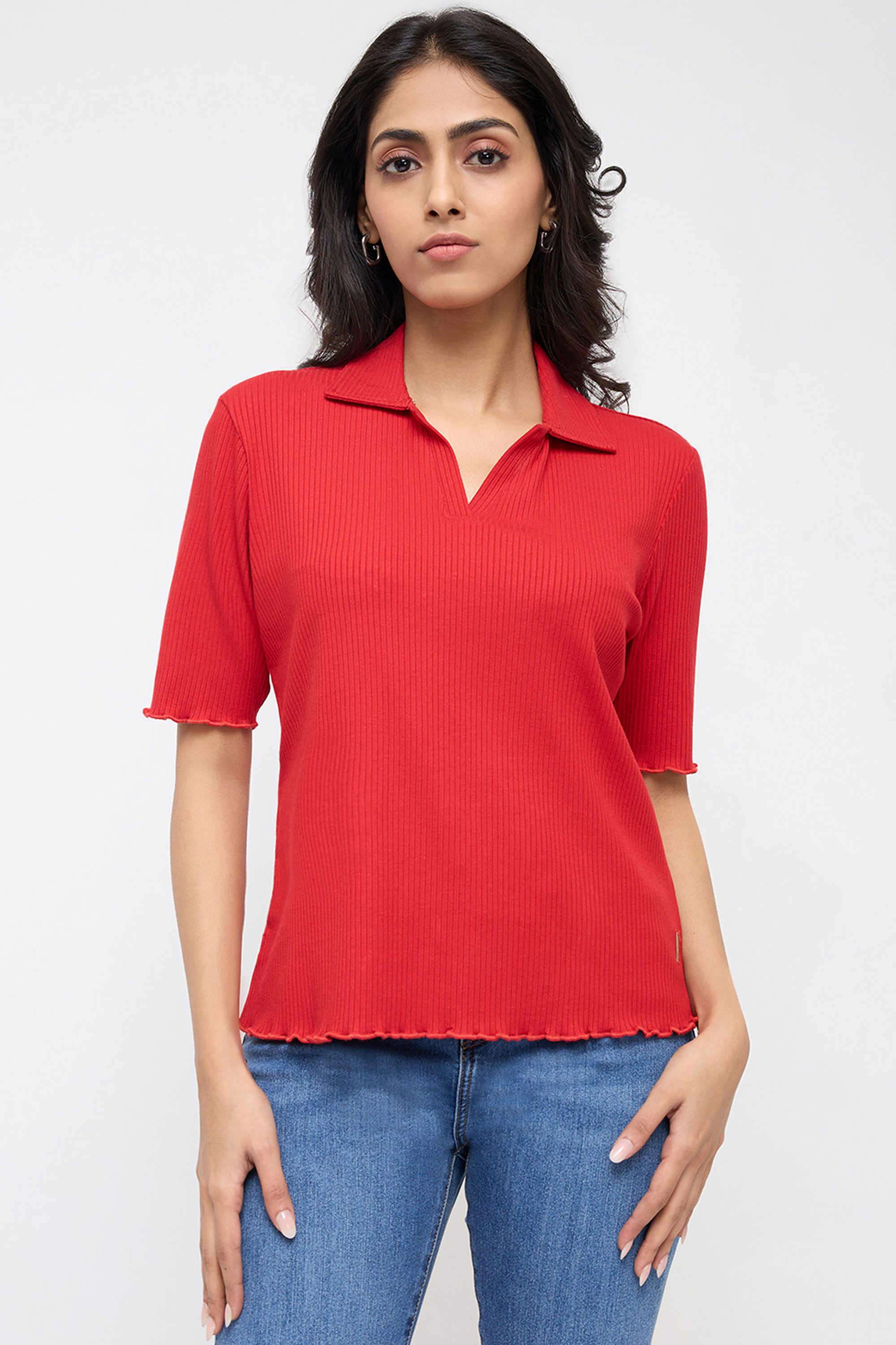 Solid-Polyester-Collared-Women-T-Shirt
