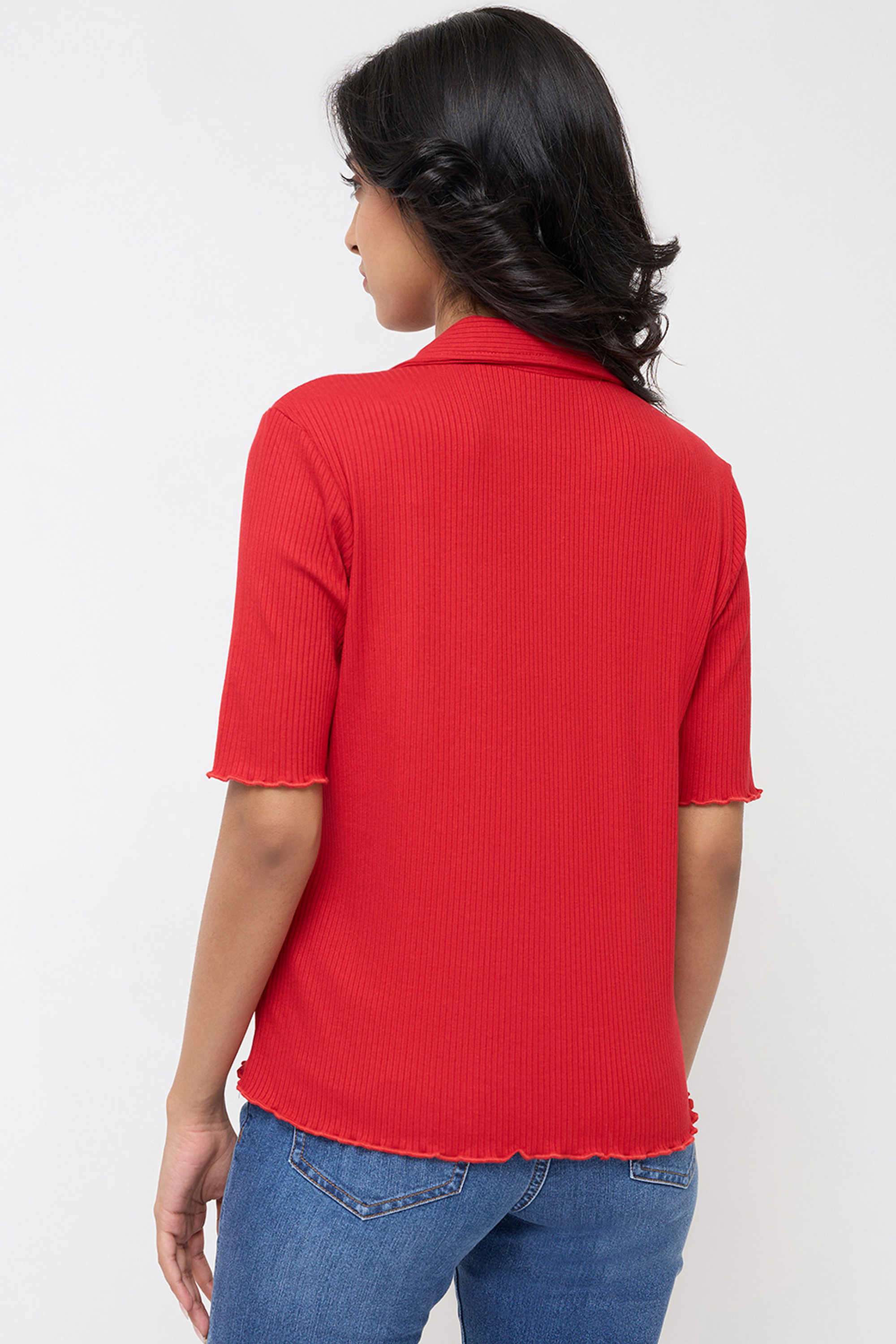 Solid-Polyester-Collared-Women-T-Shirt