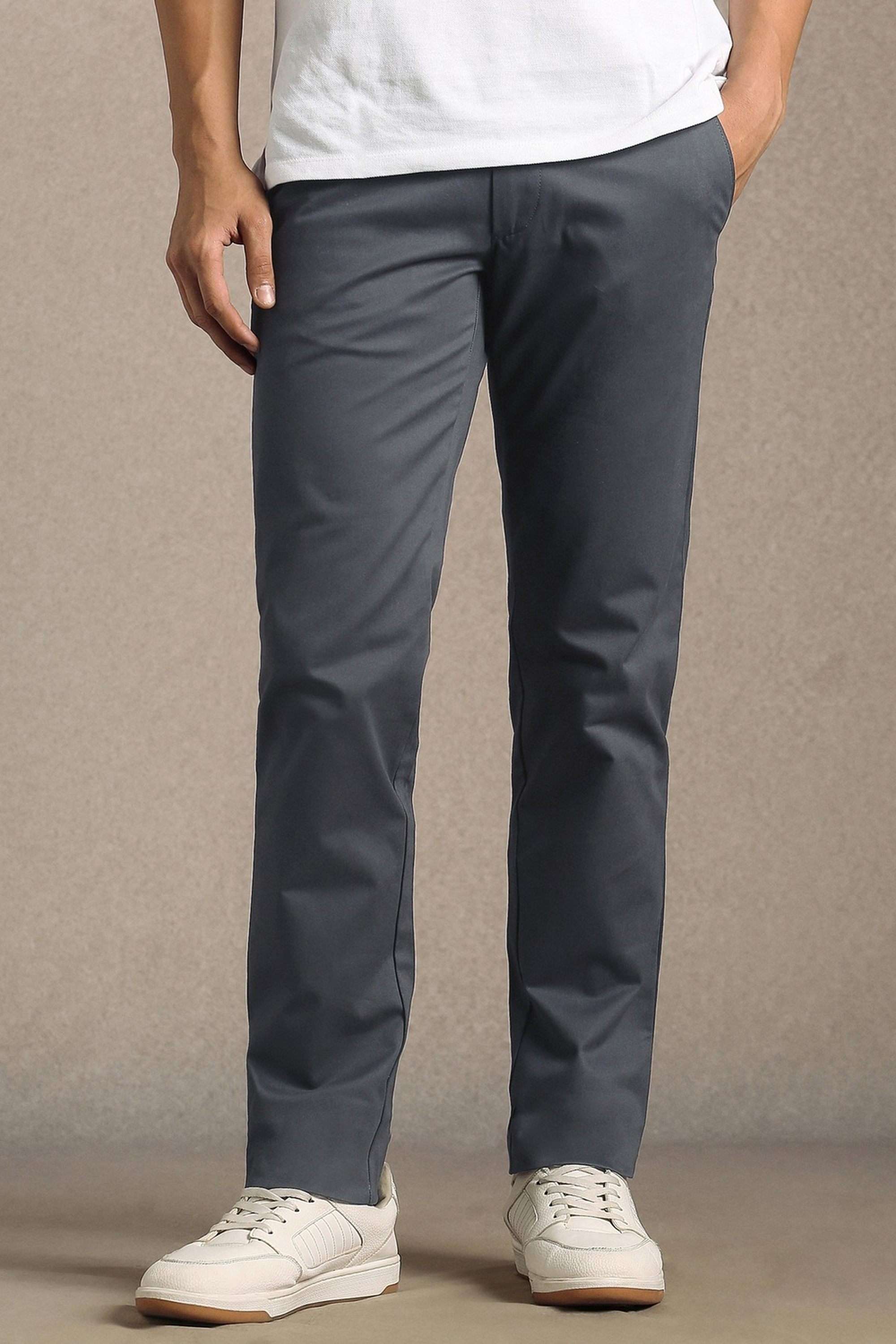 Solid-Cotton-Blend-Tapered-Fit-Men-s-Casual-Trousers