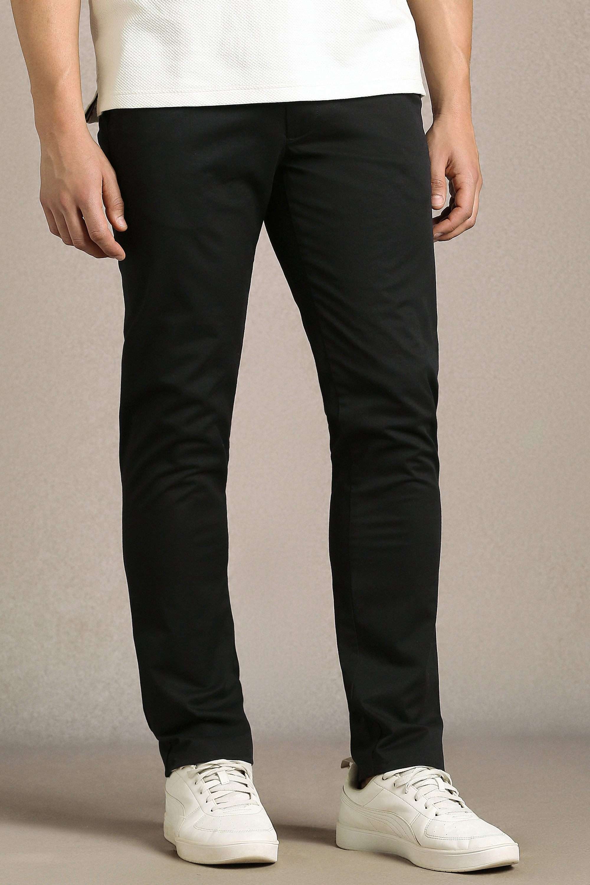 Solid-Cotton-Blend-Tapered-Fit-Men-s-Casual-Trousers