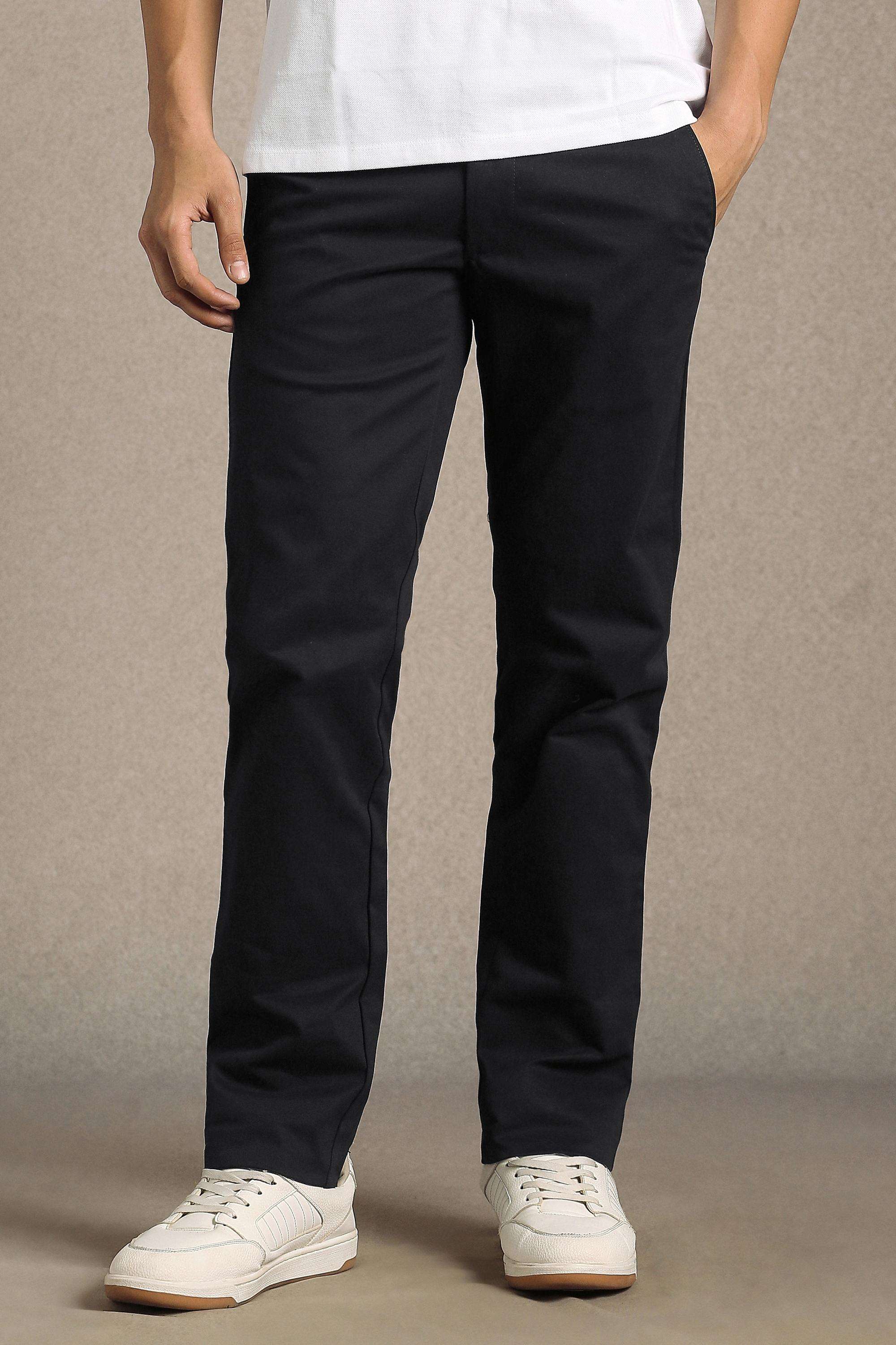Solid-Cotton-Blend-Tapered-Fit-Men-s-Casual-Trousers