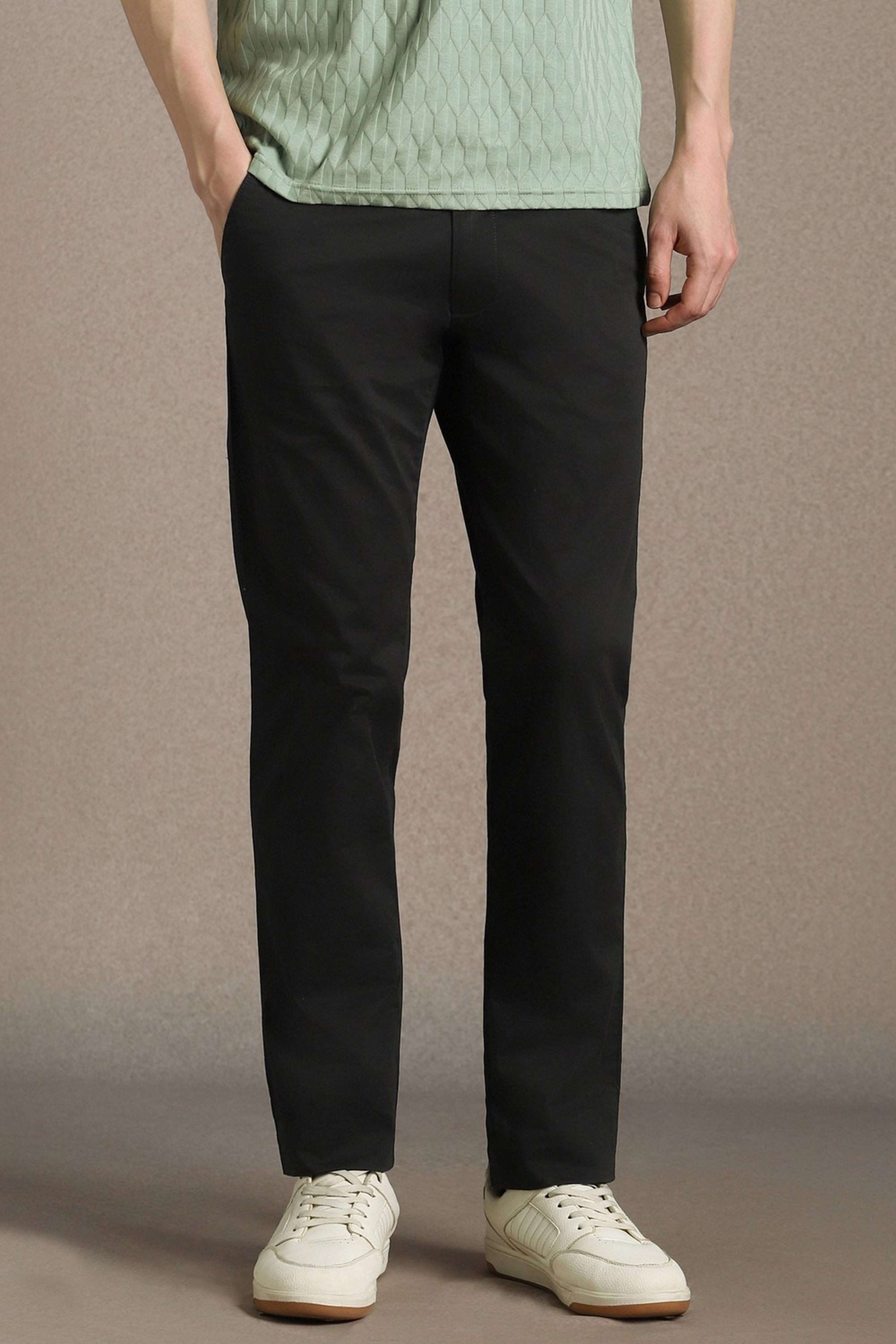 Solid-Cotton-Blend-Tapered-Fit-Men-s-Casual-Trousers