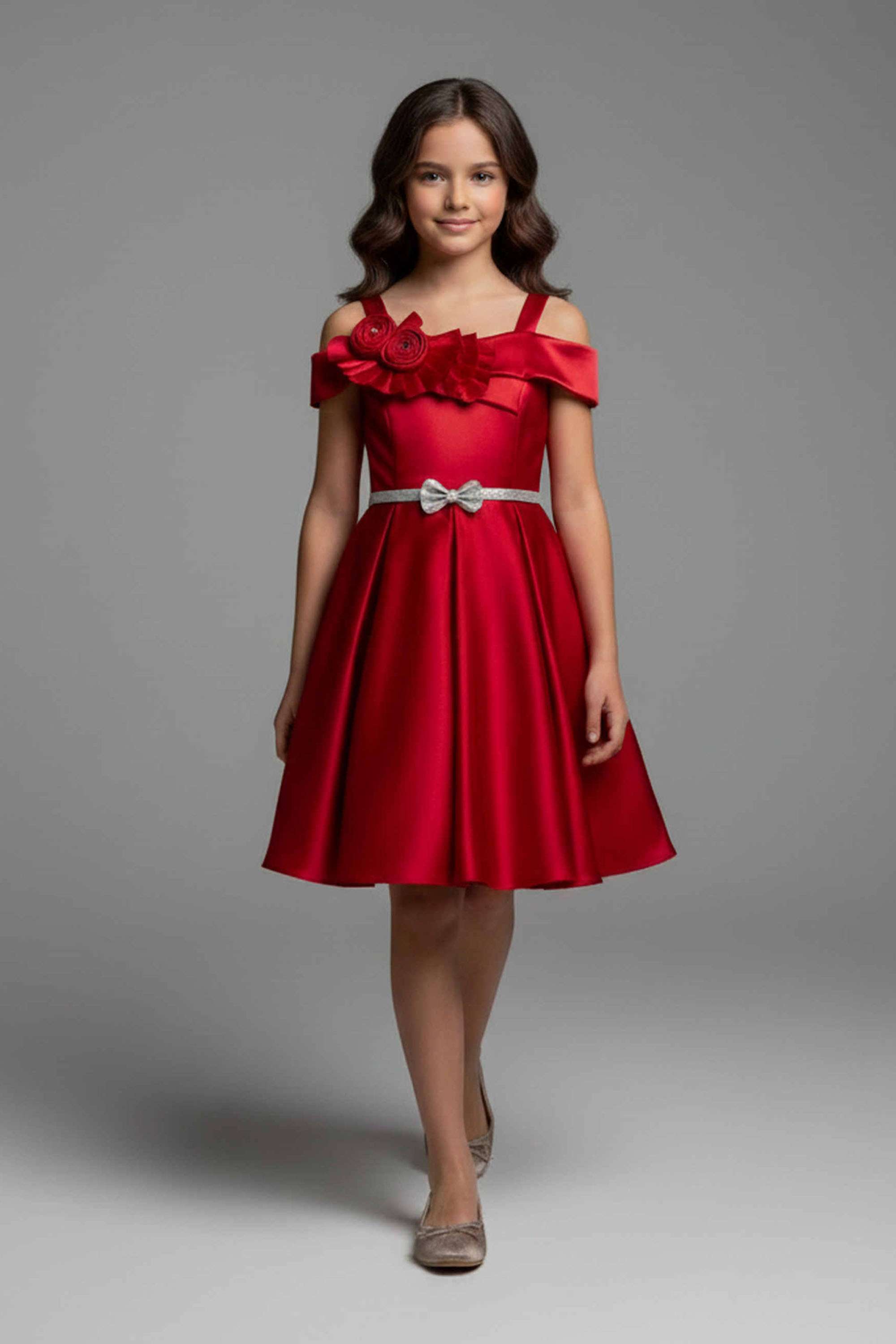 Solid-Polyester-Off-Shoulder-Girls-Party-Wear-Dress