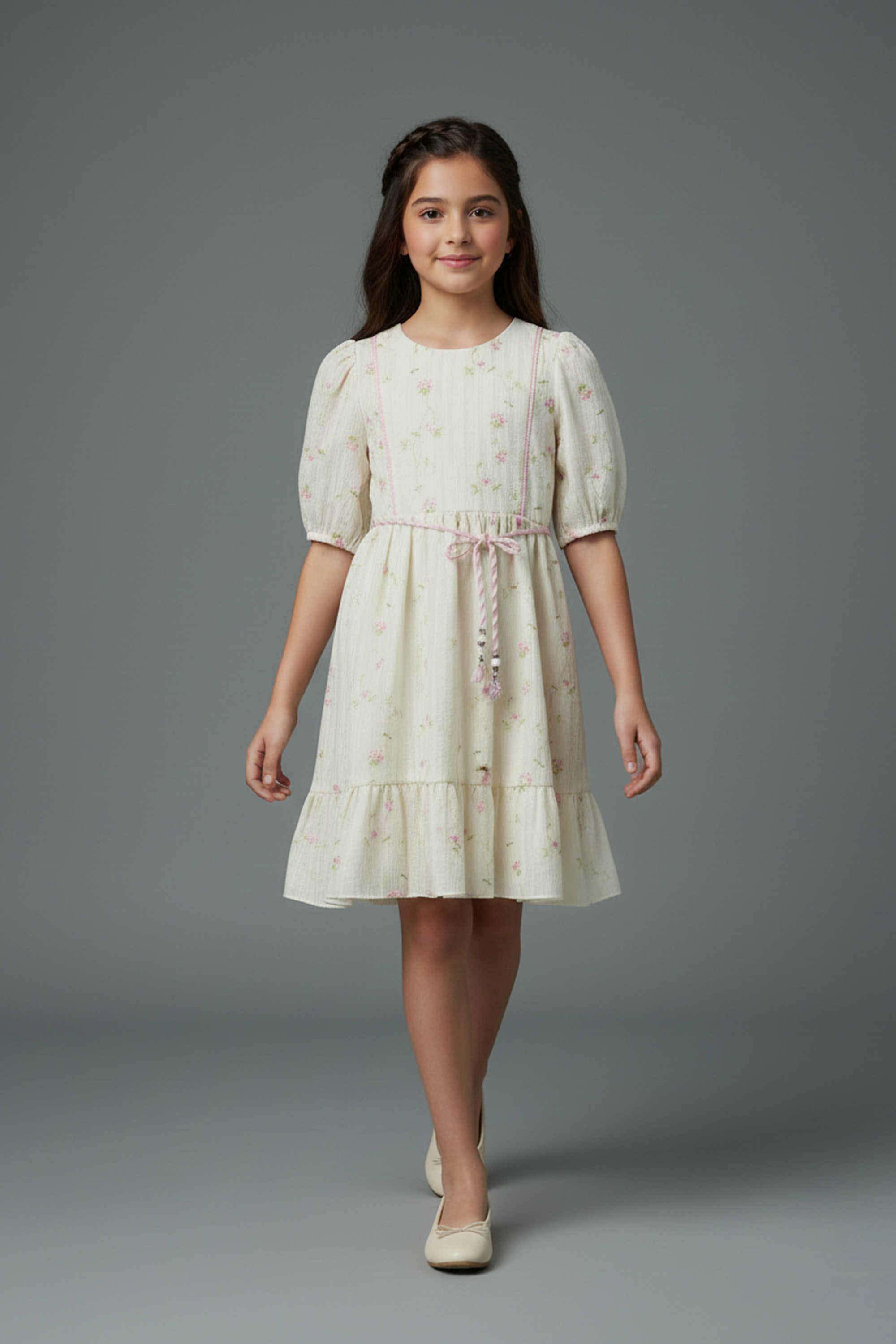 Embroidered-Blended-Fabric-Round-Neck-Girls-s-Casual-Wear-Dress