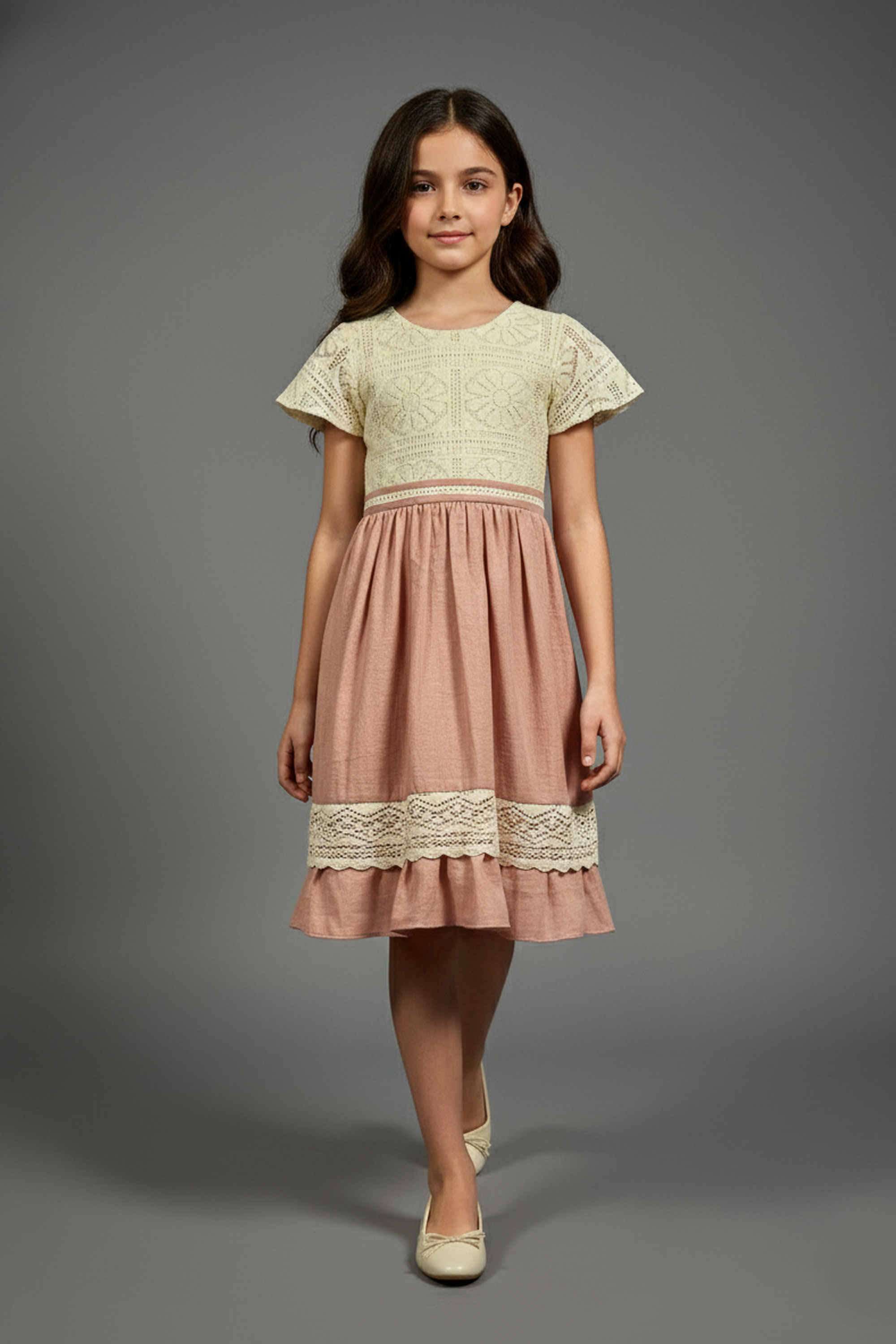 Textured-Cotton-Round-Neck-Girls-Casual-Wear-Dress